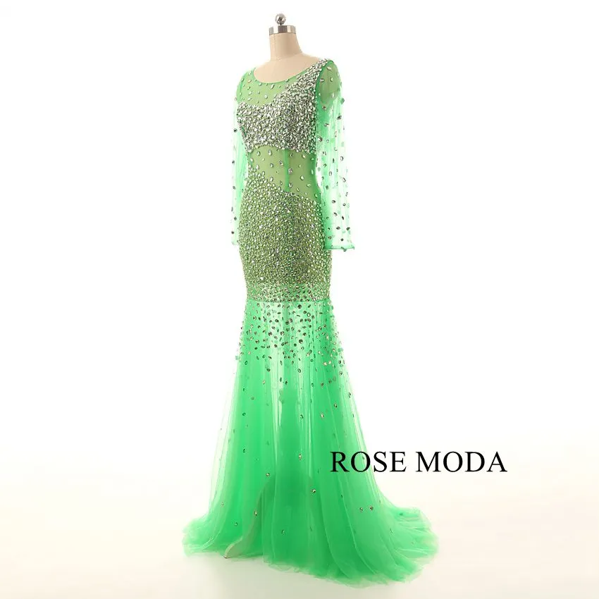 Rosemoda Green Long Sleeve Beaded Illusion Mermaid Prom Dress