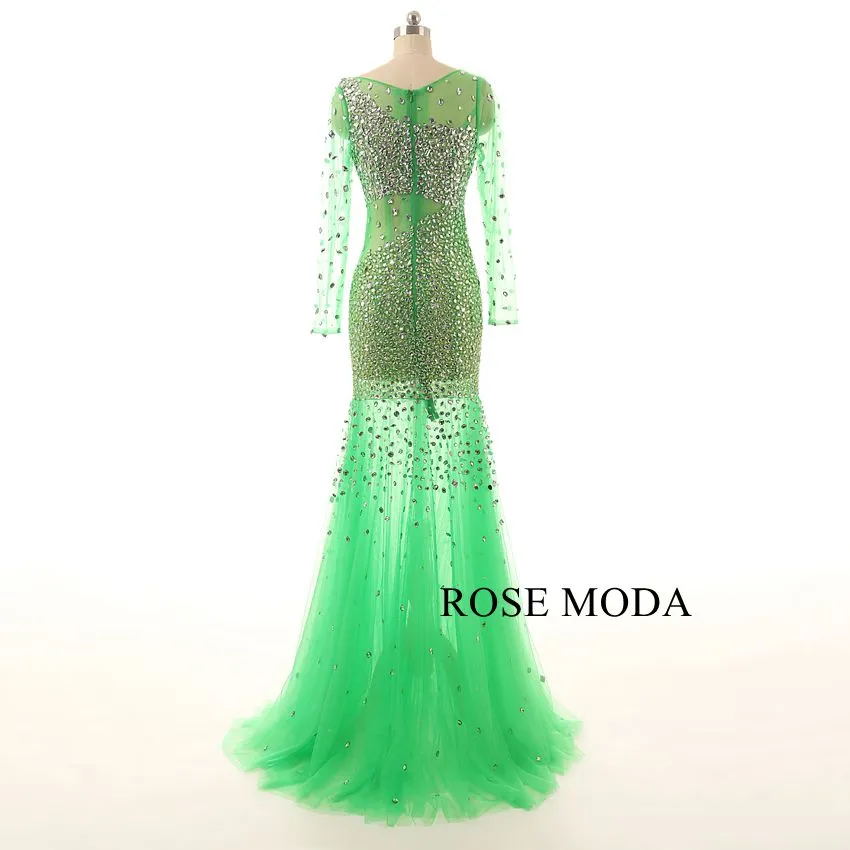 Rosemoda Green Long Sleeve Beaded Illusion Mermaid Prom Dress