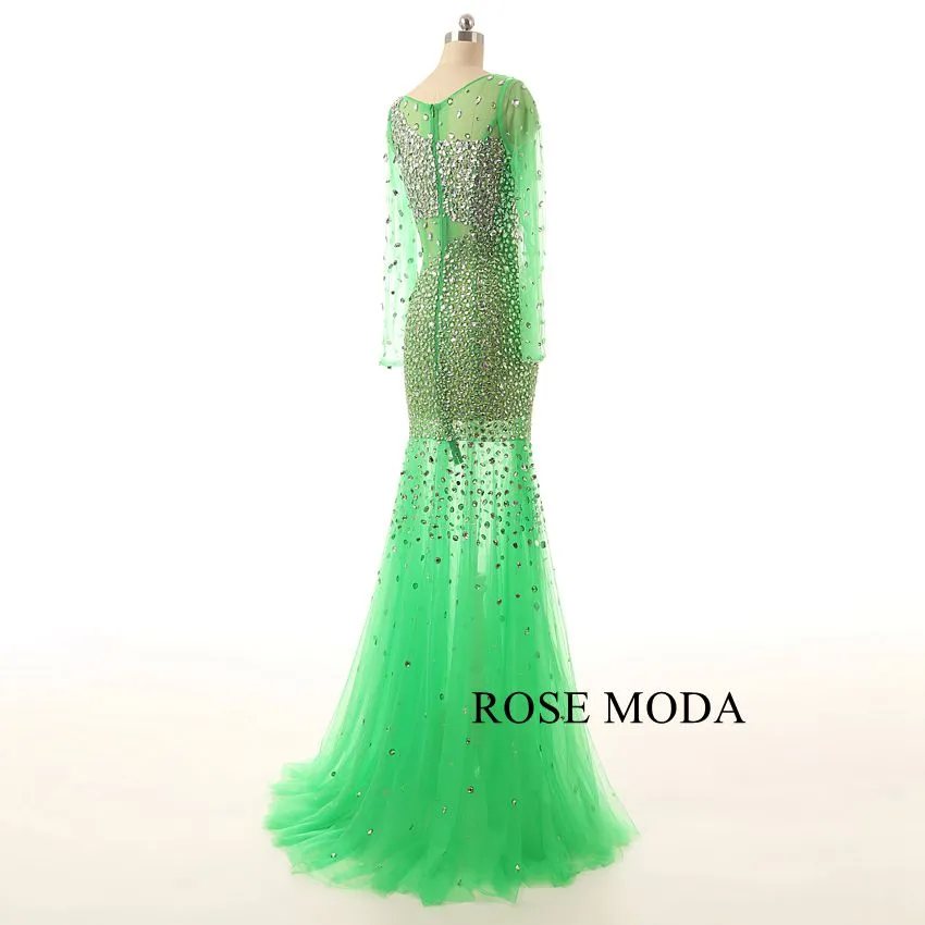 Rosemoda Green Long Sleeve Beaded Illusion Mermaid Prom Dress
