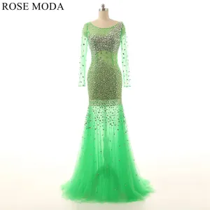 Rosemoda Green Long Sleeve Beaded Illusion Mermaid Prom Dress