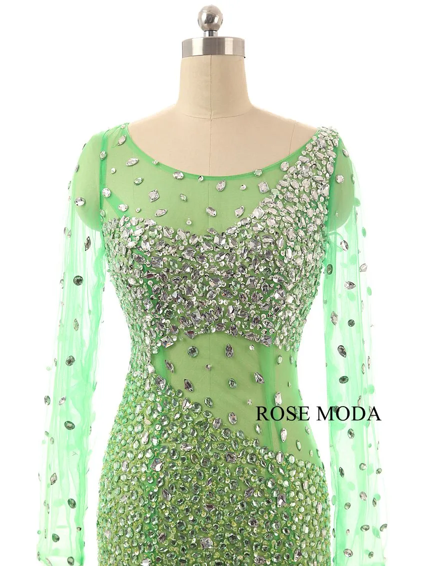 Rosemoda Green Long Sleeve Beaded Illusion Mermaid Prom Dress