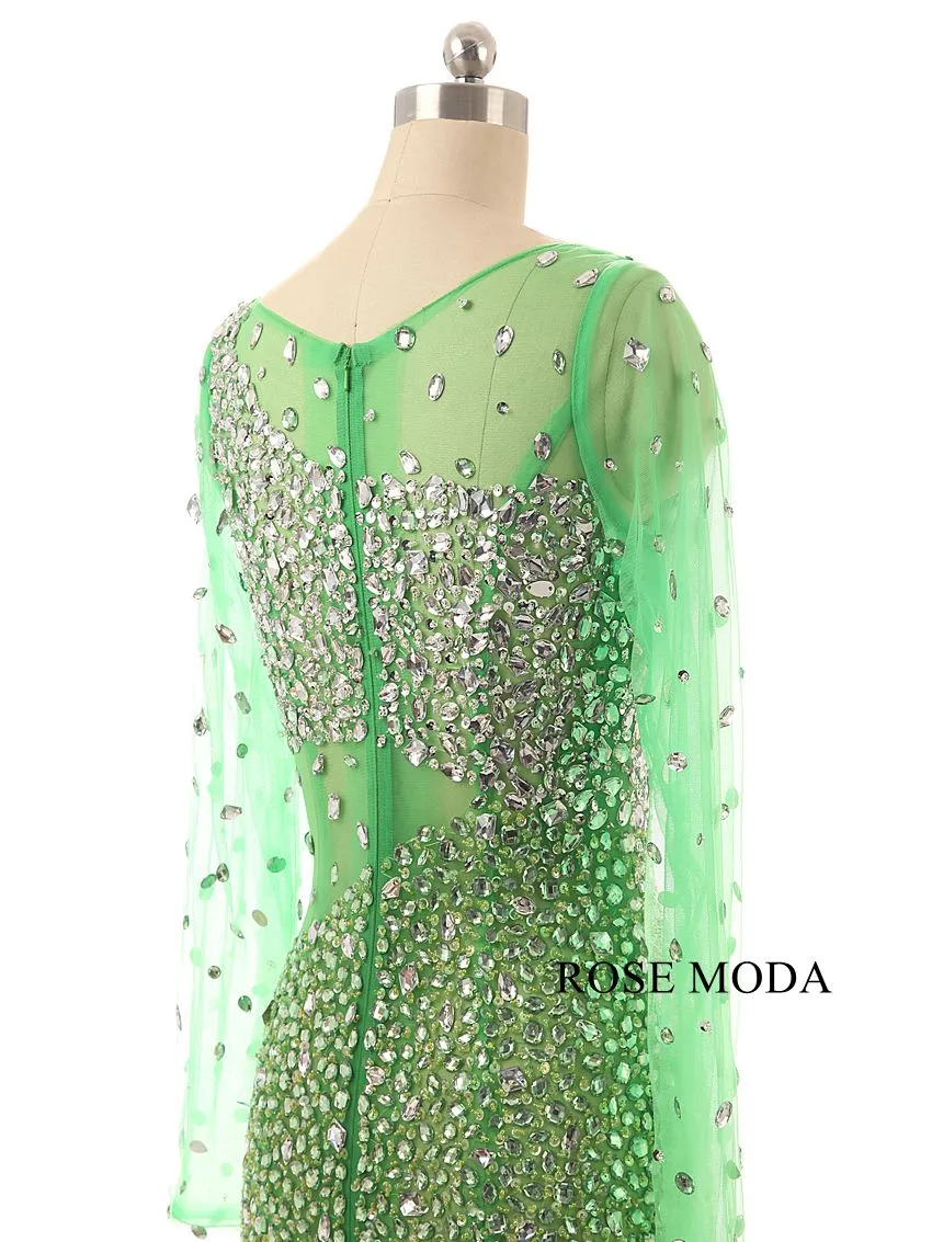 Rosemoda Green Long Sleeve Beaded Illusion Mermaid Prom Dress
