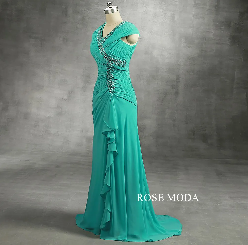 Rosemoda Peacock Blue Beaded Pleated Chiffon Mother Dress