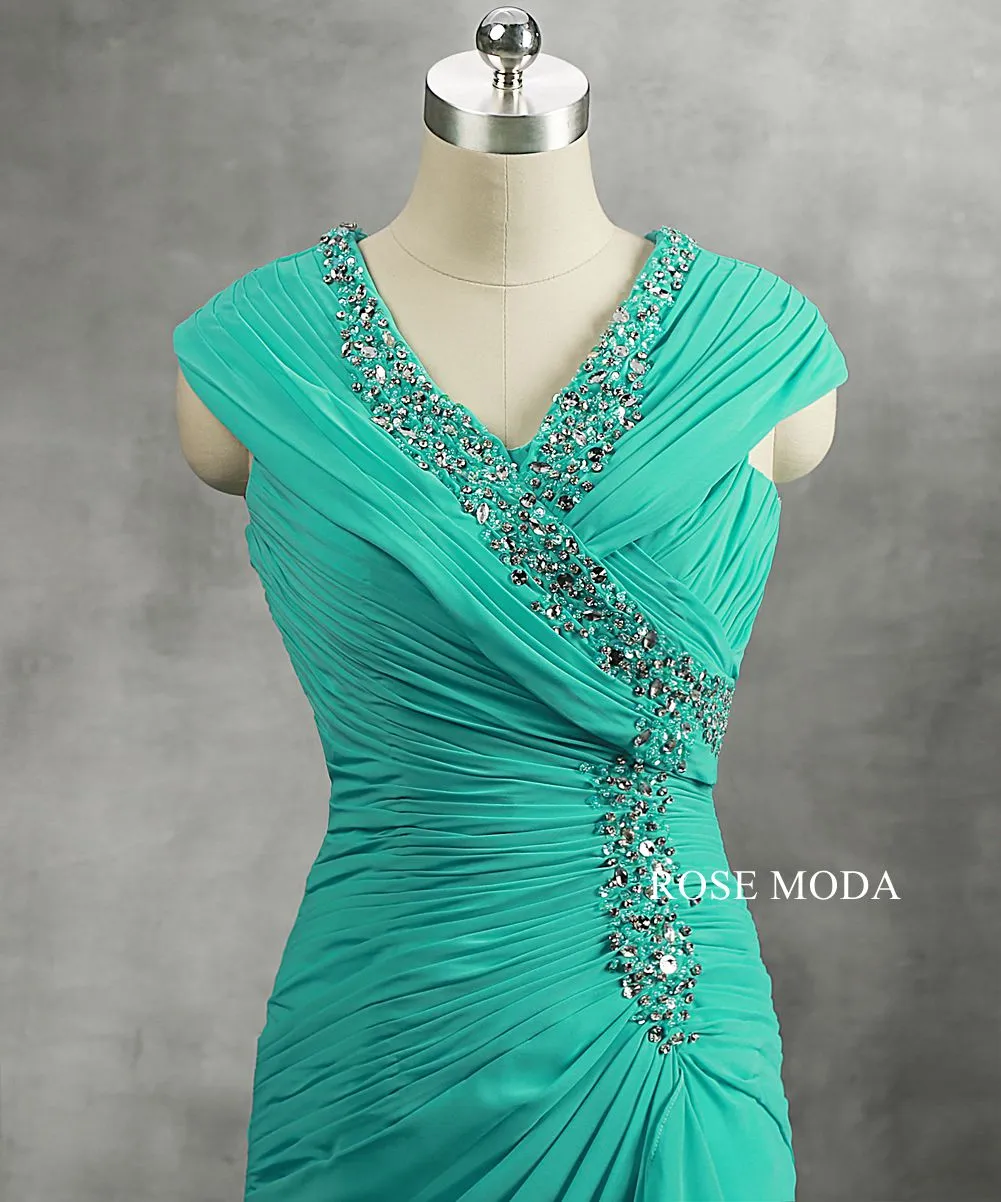 Rosemoda Peacock Blue Beaded Pleated Chiffon Mother Dress