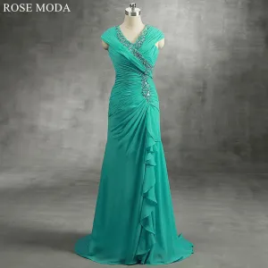 Rosemoda Peacock Blue Beaded Pleated Chiffon Mother Dress