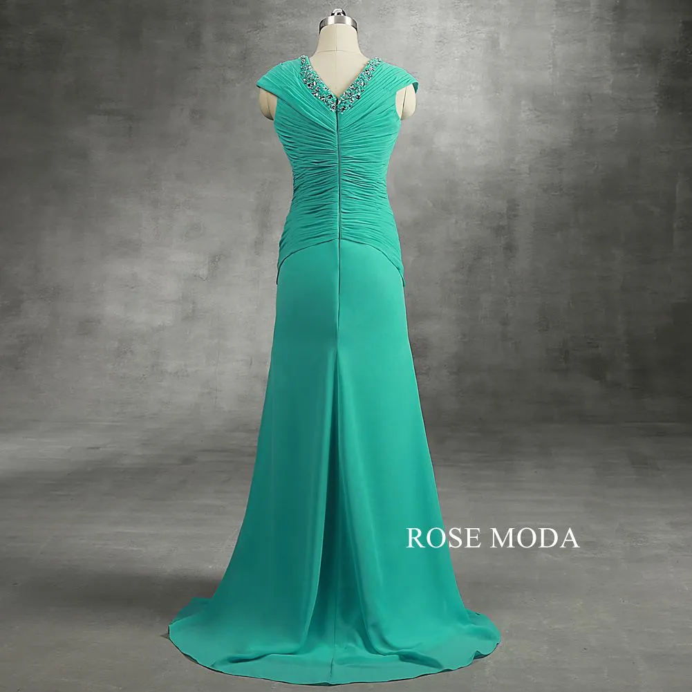 Rosemoda Peacock Blue Beaded Pleated Chiffon Mother Dress