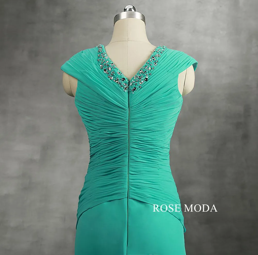 Rosemoda Peacock Blue Beaded Pleated Chiffon Mother Dress