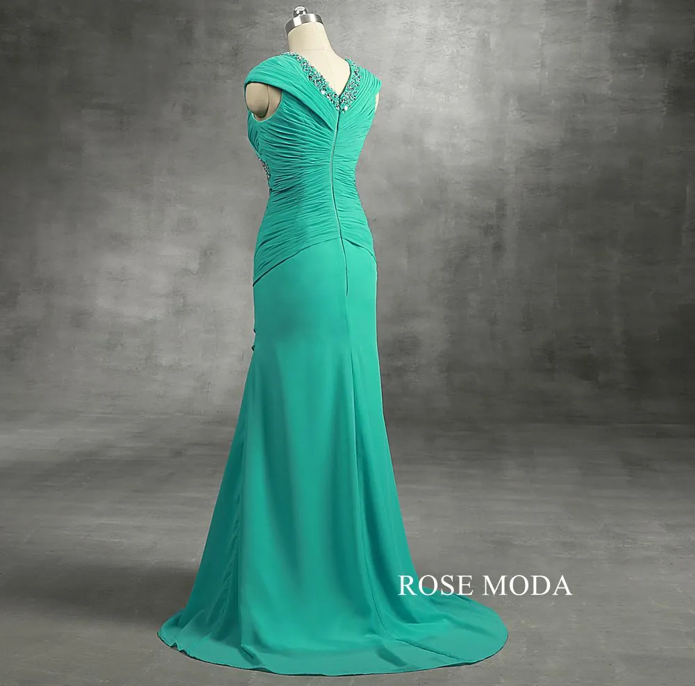Rosemoda Peacock Blue Beaded Pleated Chiffon Mother Dress
