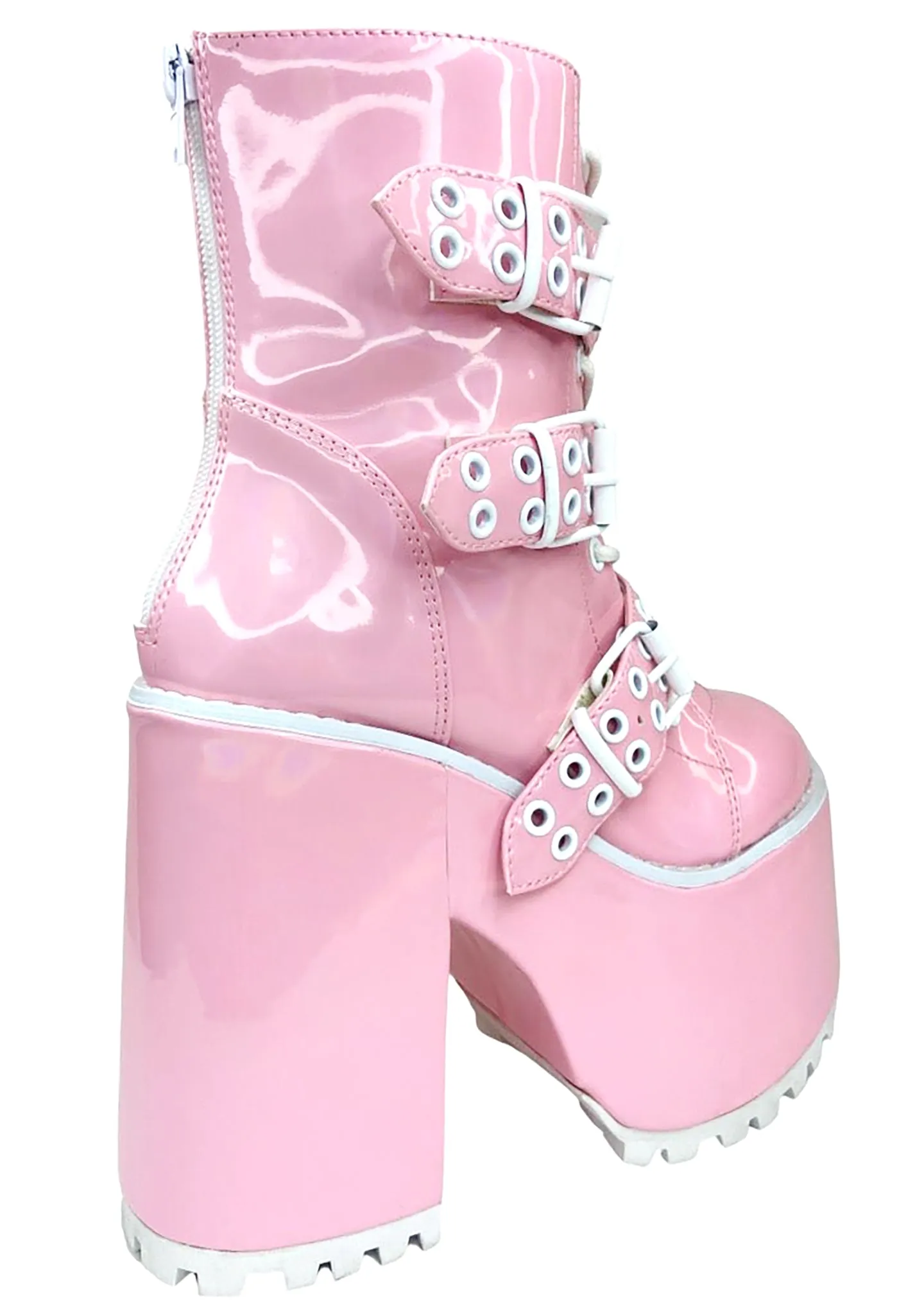 Smash Strapped Platform Boots in Pink Hologram/White