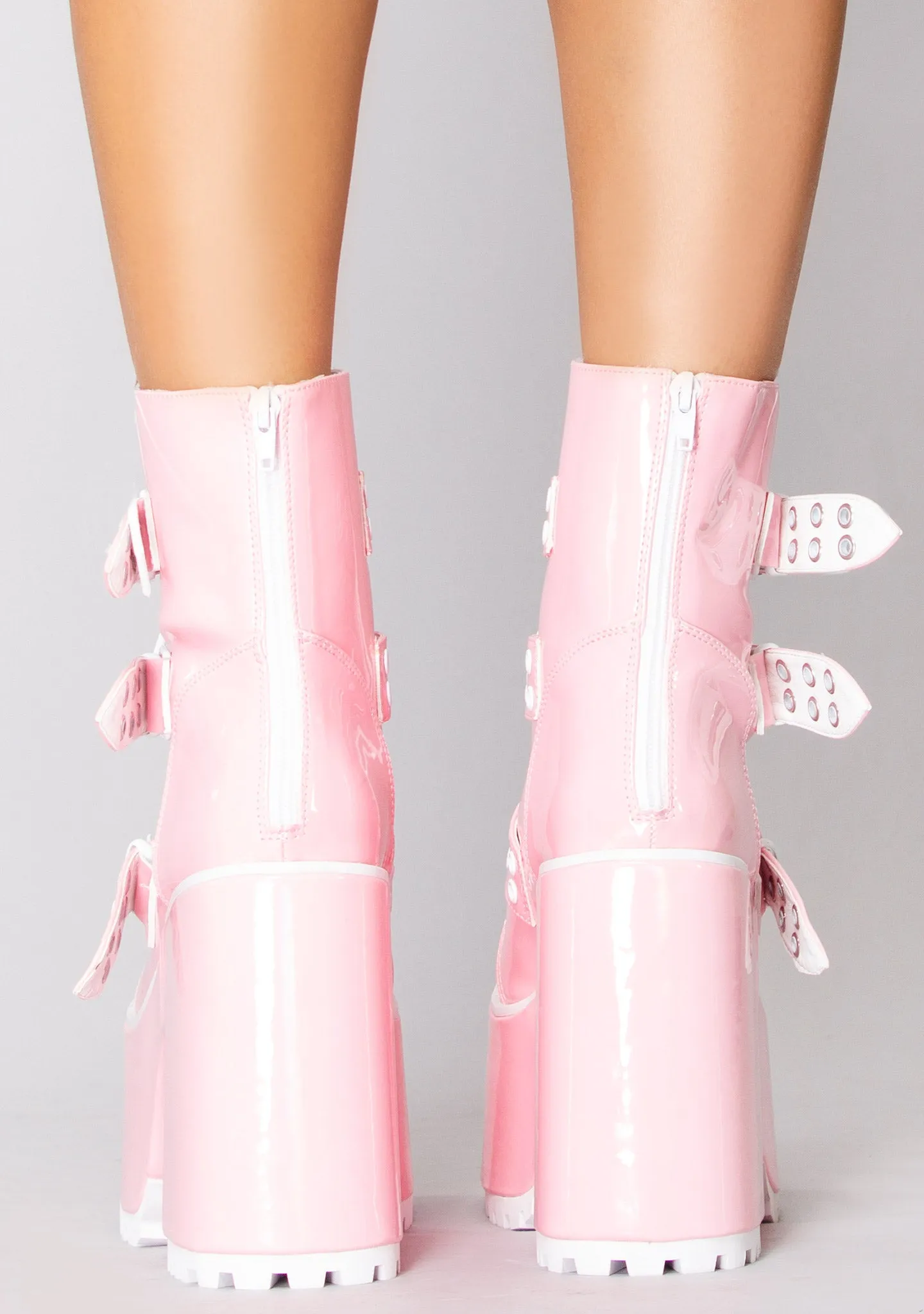 Smash Strapped Platform Boots in Pink Hologram/White