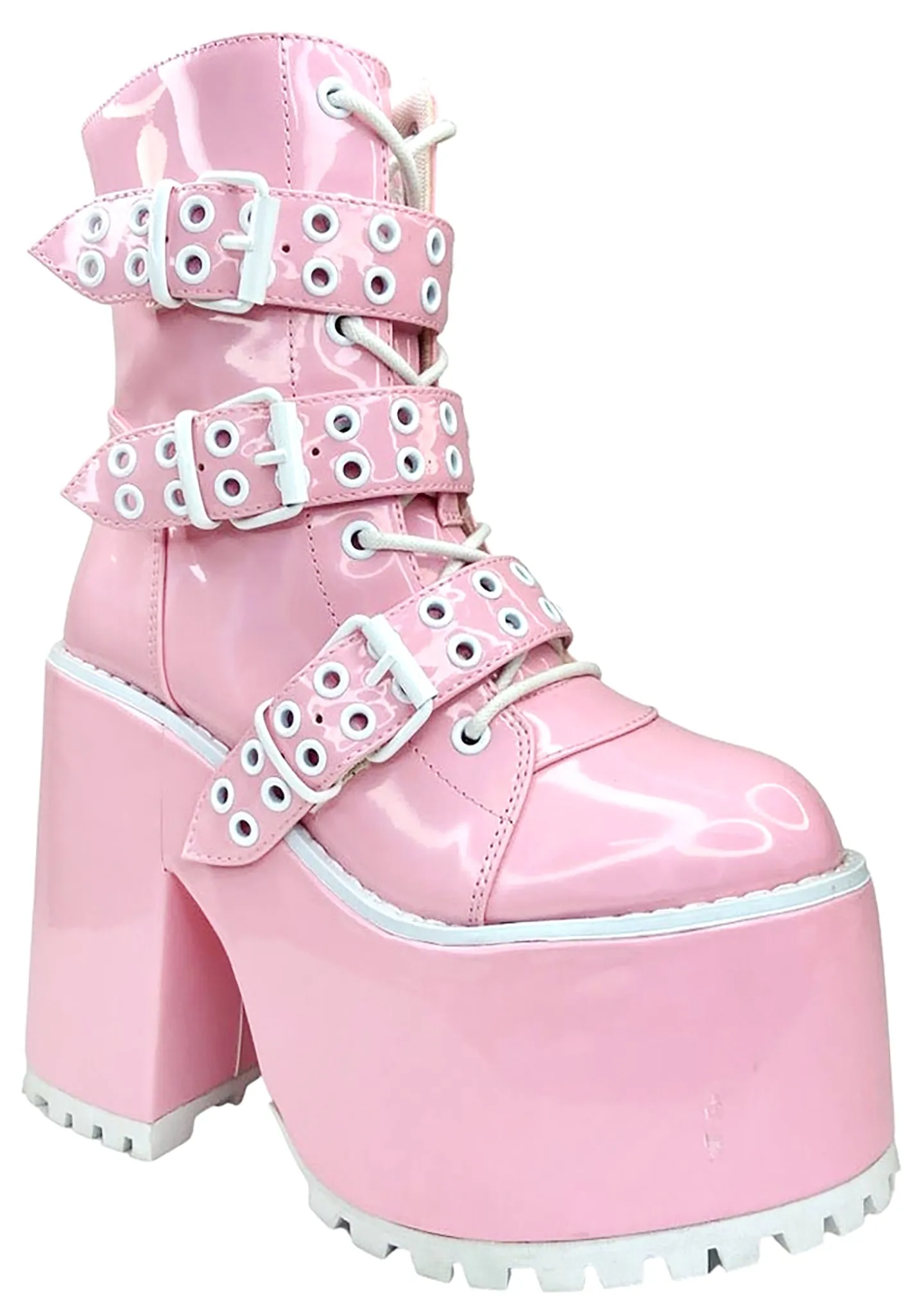 Smash Strapped Platform Boots in Pink Hologram/White