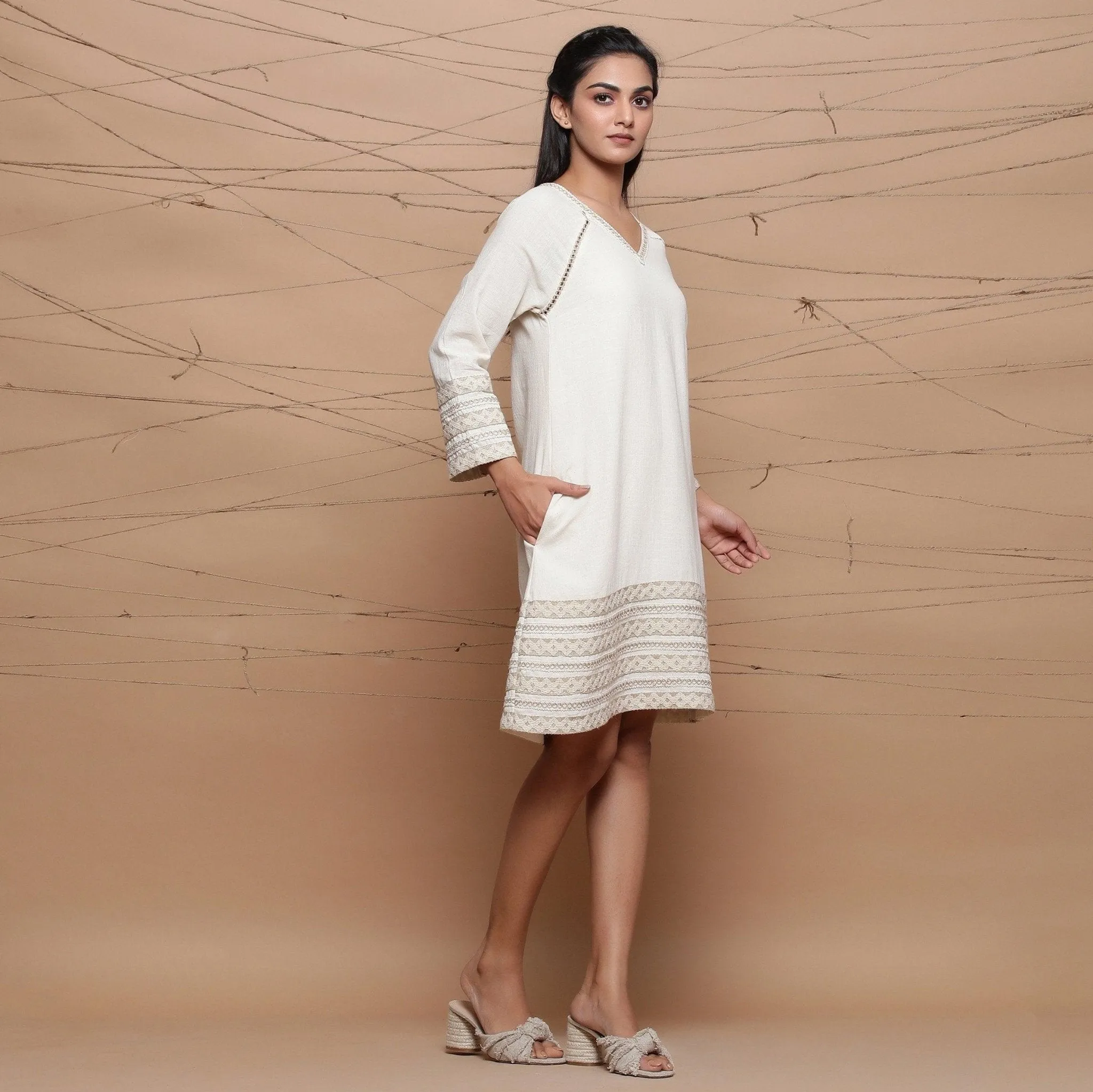 Undyed Ecru Handspun Cotton Muslin Knee Length A-Line Dress