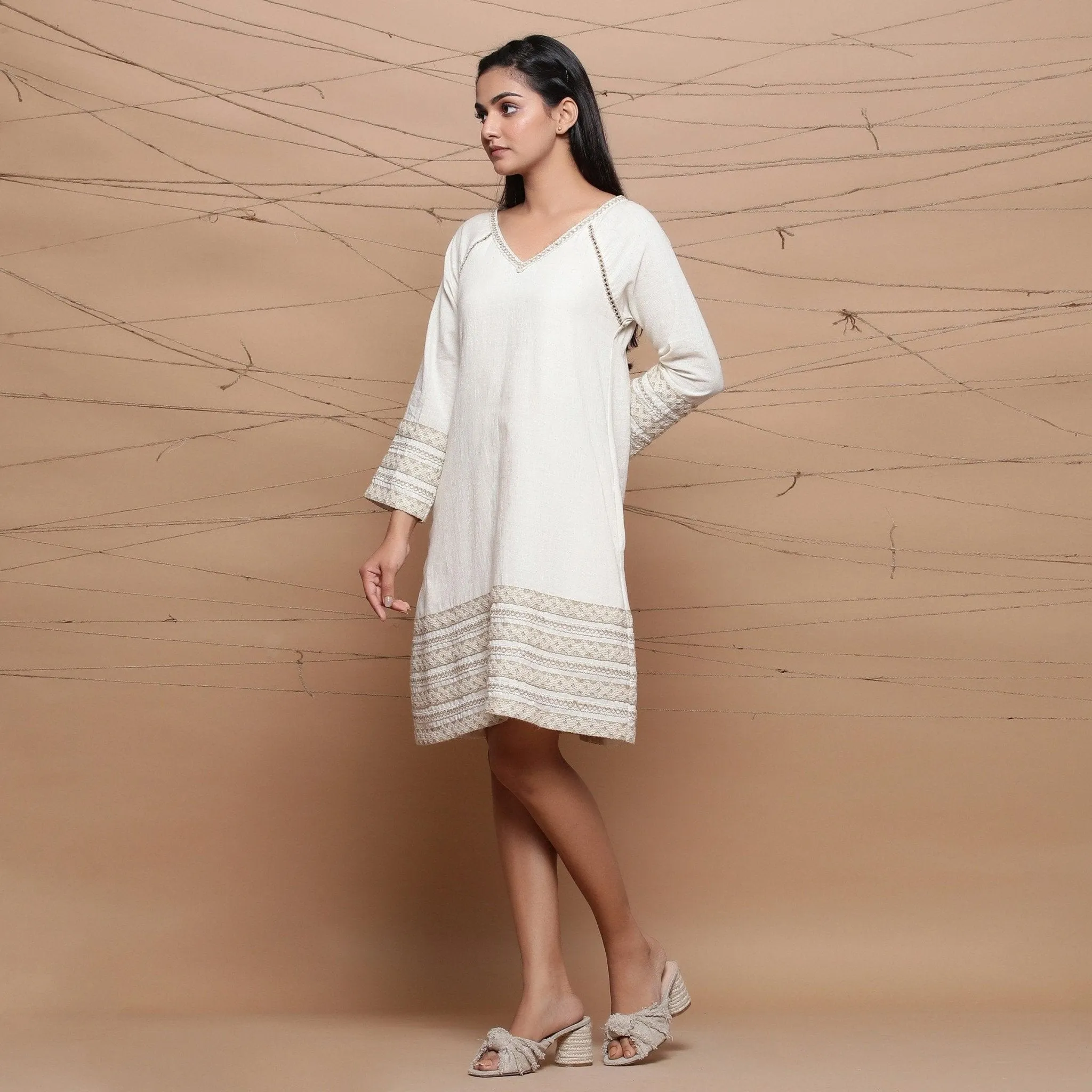 Undyed Ecru Handspun Cotton Muslin Knee Length A-Line Dress