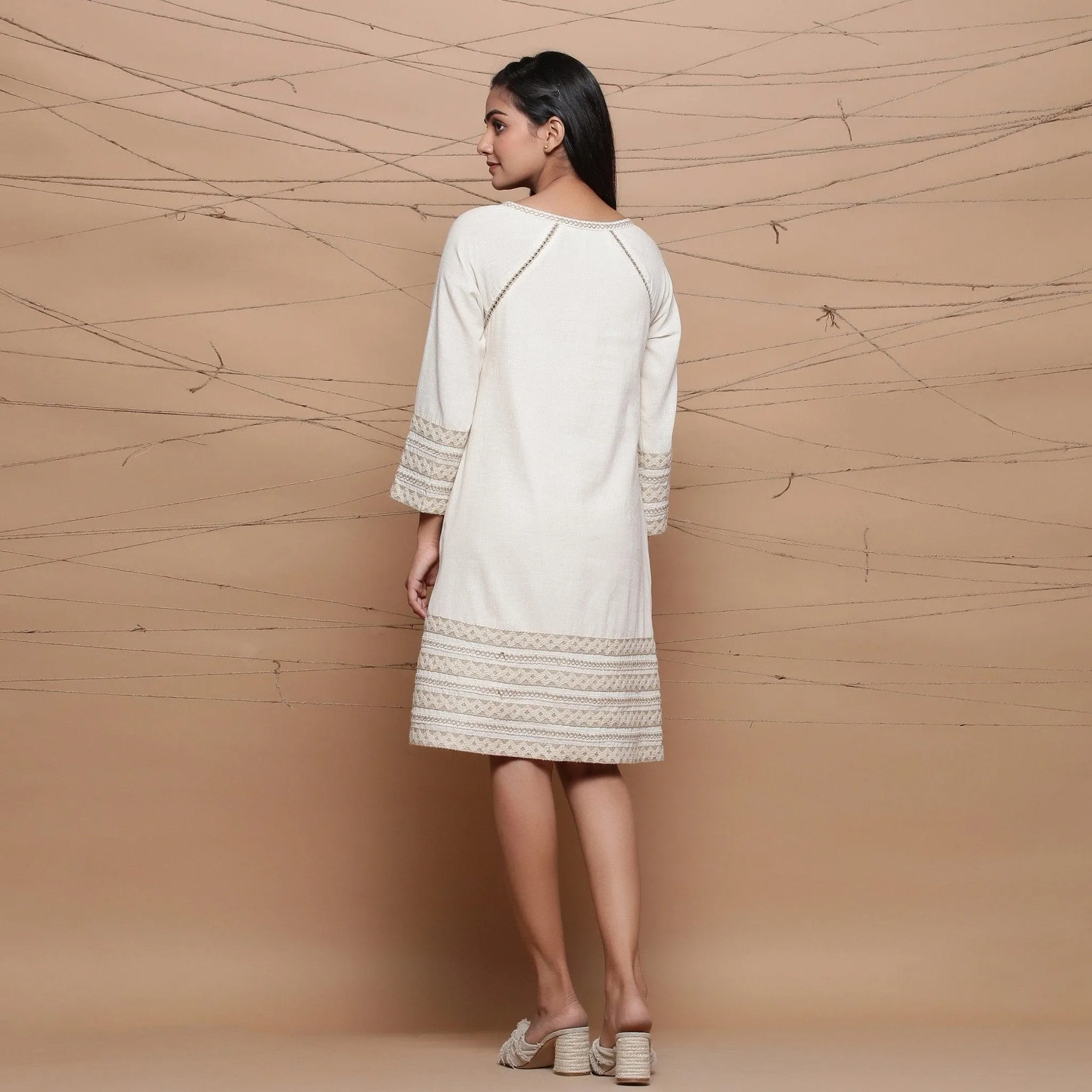 Undyed Ecru Handspun Cotton Muslin Knee Length A-Line Dress