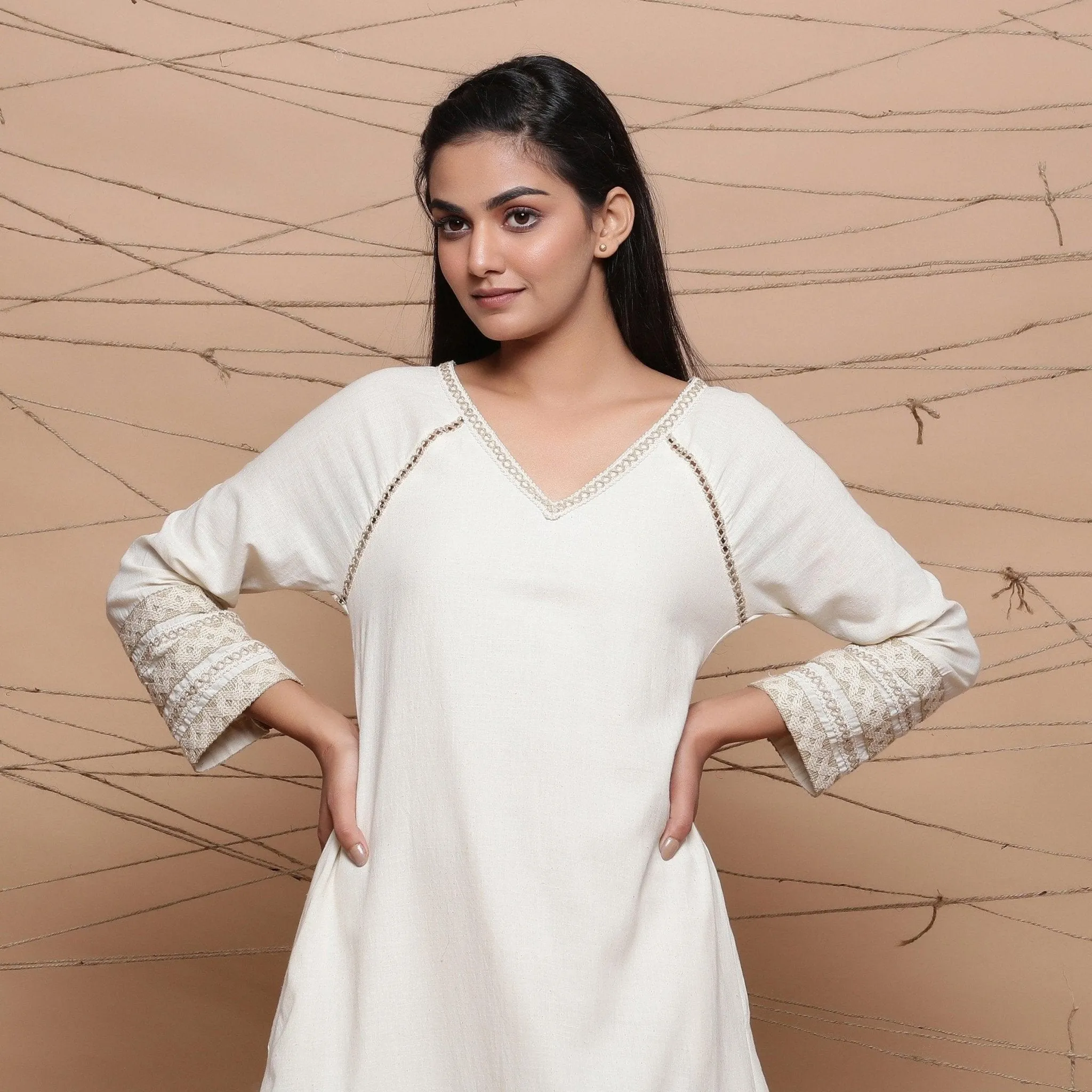 Undyed Ecru Handspun Cotton Muslin Knee Length A-Line Dress