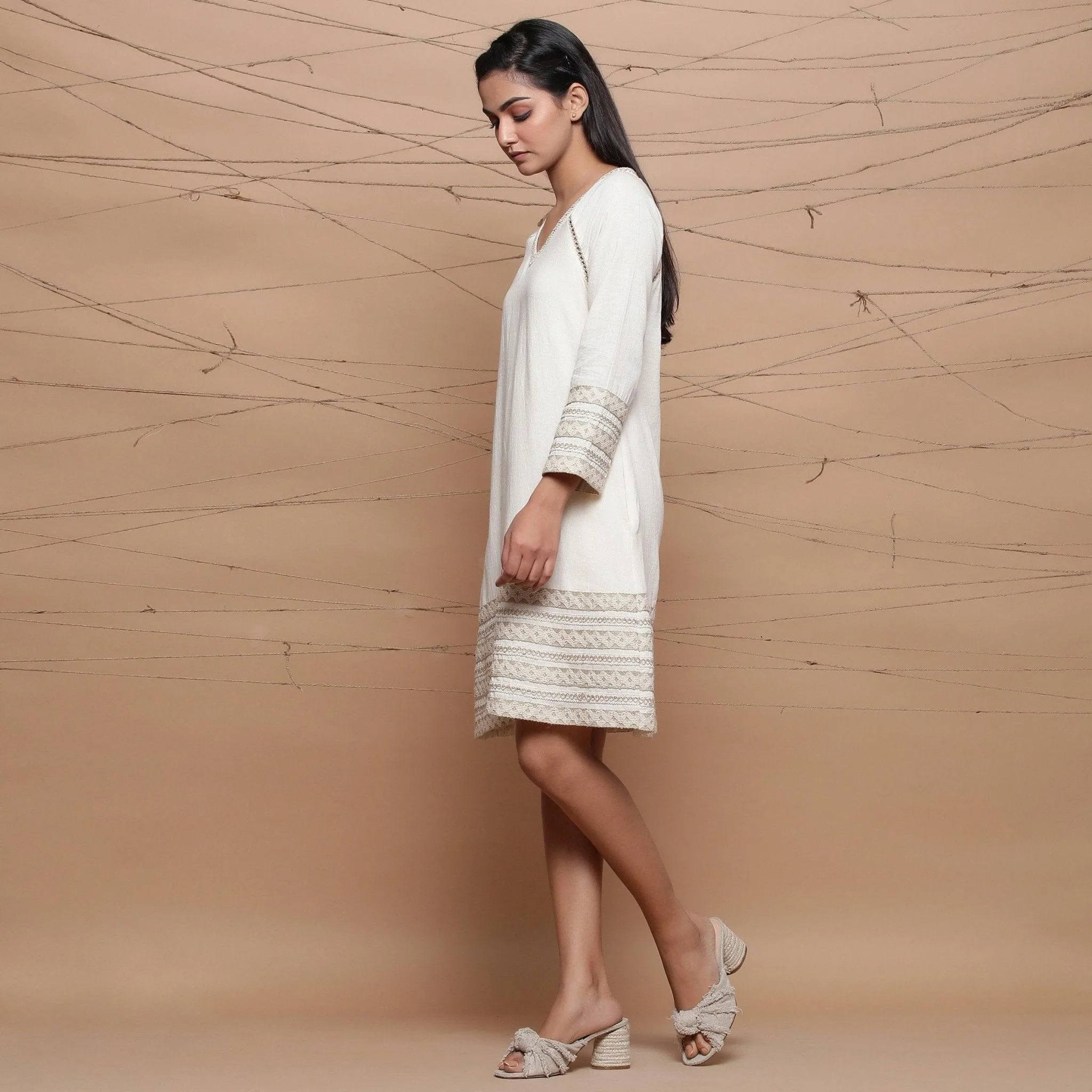 Undyed Ecru Handspun Cotton Muslin Knee Length A-Line Dress