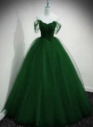 Uniwim Green Beaded Tulle Off Shoulder Long Party Dress, Green Tulle A-line Prom Dress