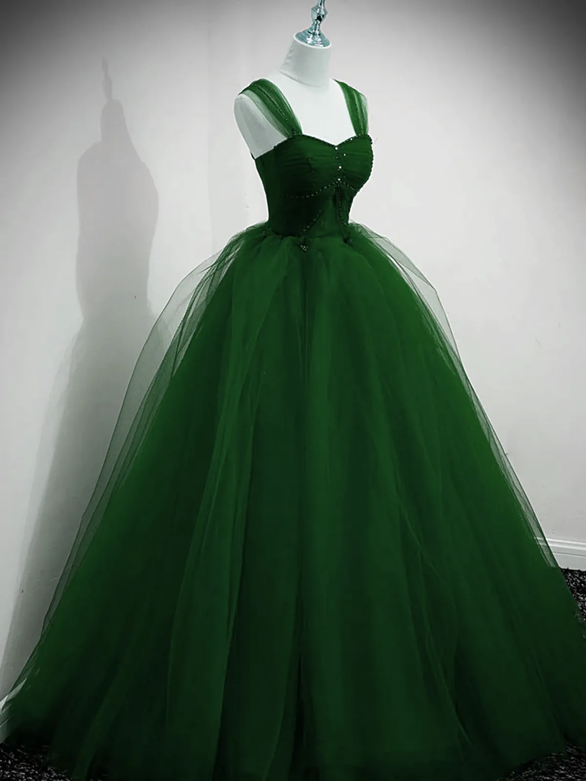 Uniwim Green Beaded Tulle Off Shoulder Long Party Dress, Green Tulle A-line Prom Dress