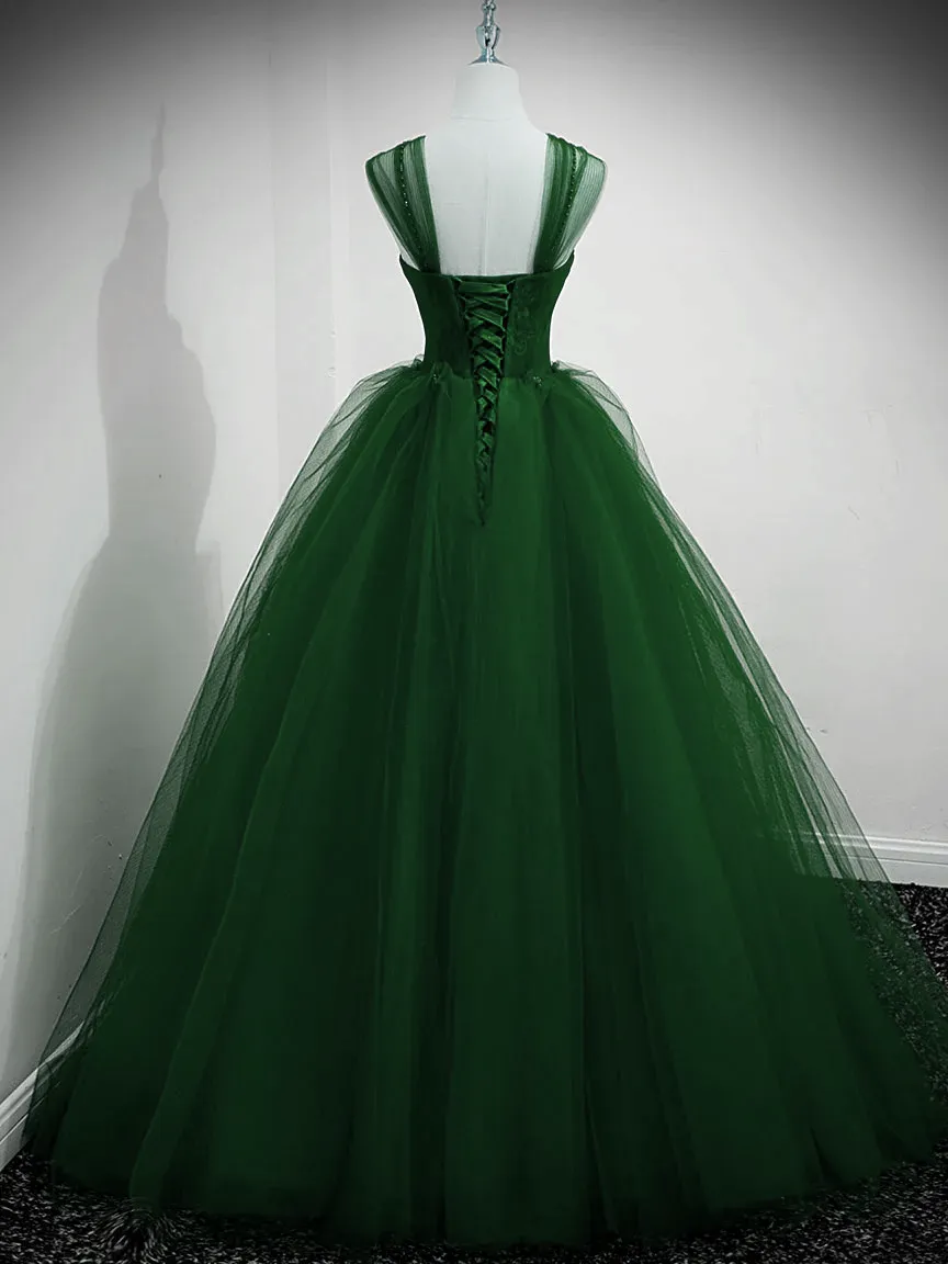 Uniwim Green Beaded Tulle Off Shoulder Long Party Dress, Green Tulle A-line Prom Dress