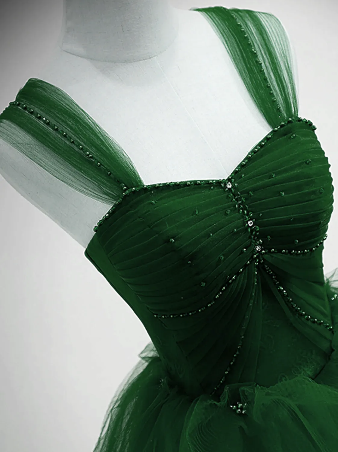 Uniwim Green Beaded Tulle Off Shoulder Long Party Dress, Green Tulle A-line Prom Dress