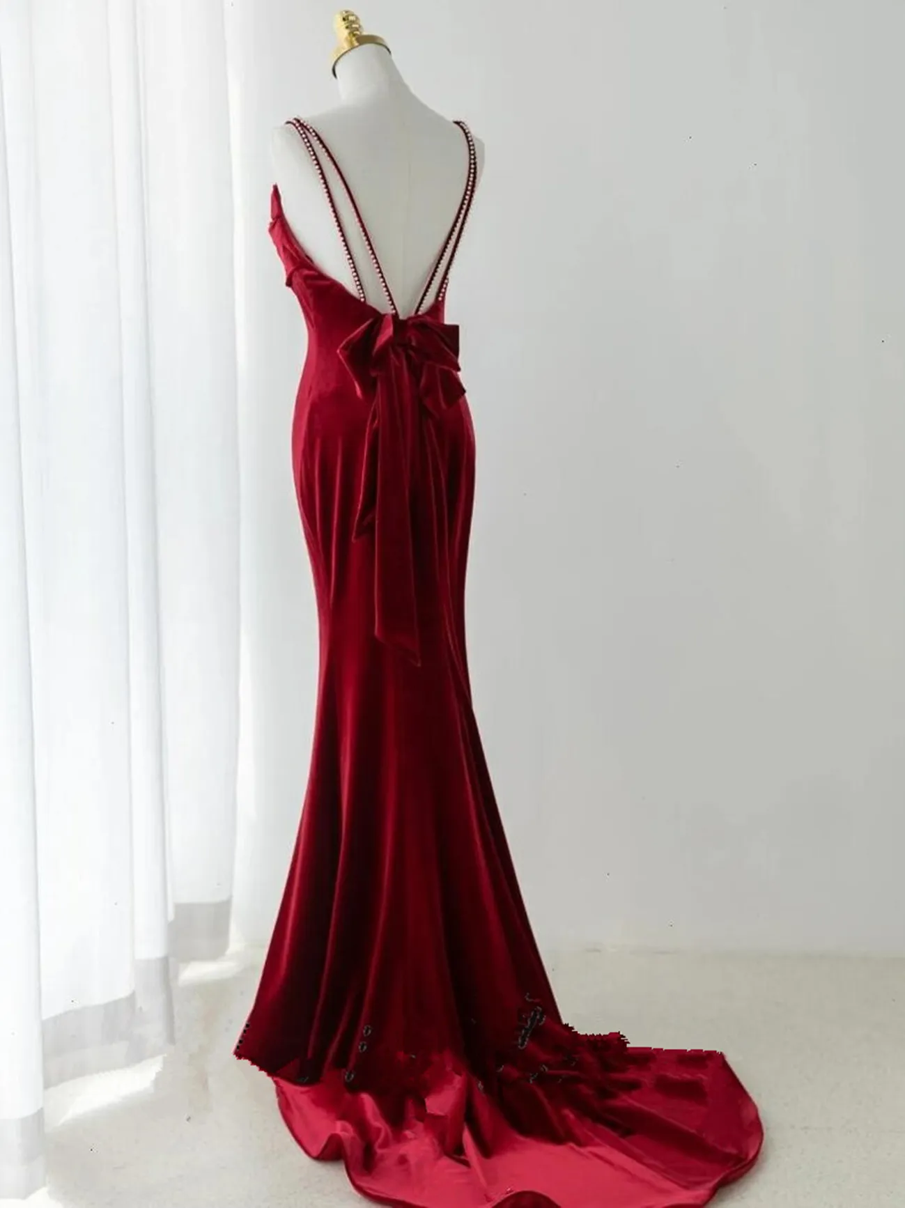 Uniwim Wine Red Straps Low Back Mermaid Long Party Dress, Wine Red Evening Dress