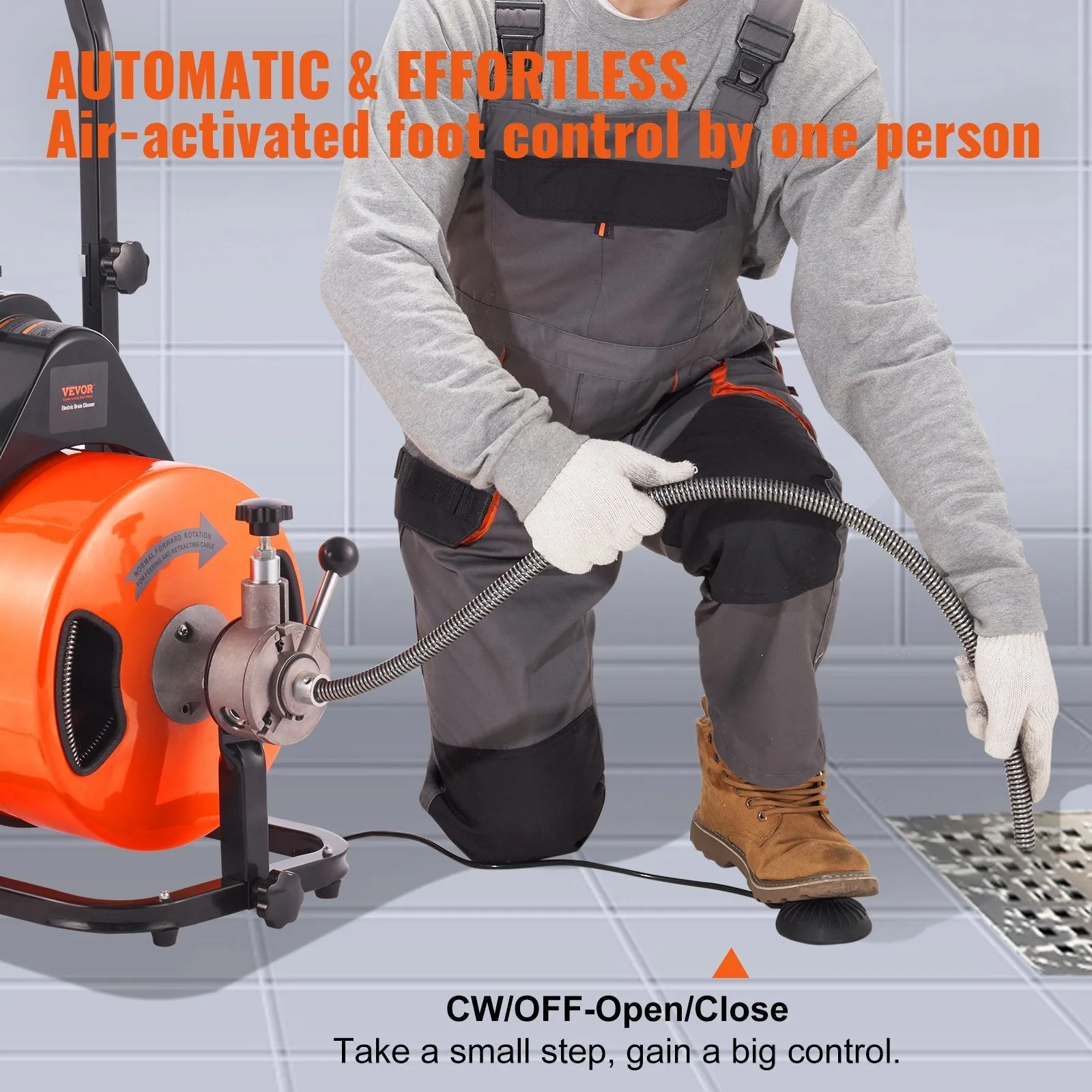 VEVOR Drain Cleaning Machine 75 FT x 1/2 Inch, Sewer Snake Machine Auto Feed, Drain Auger Cleaner with 4 Cutter & Air-Activated Foot Switch for 1" to 4" Pipes
