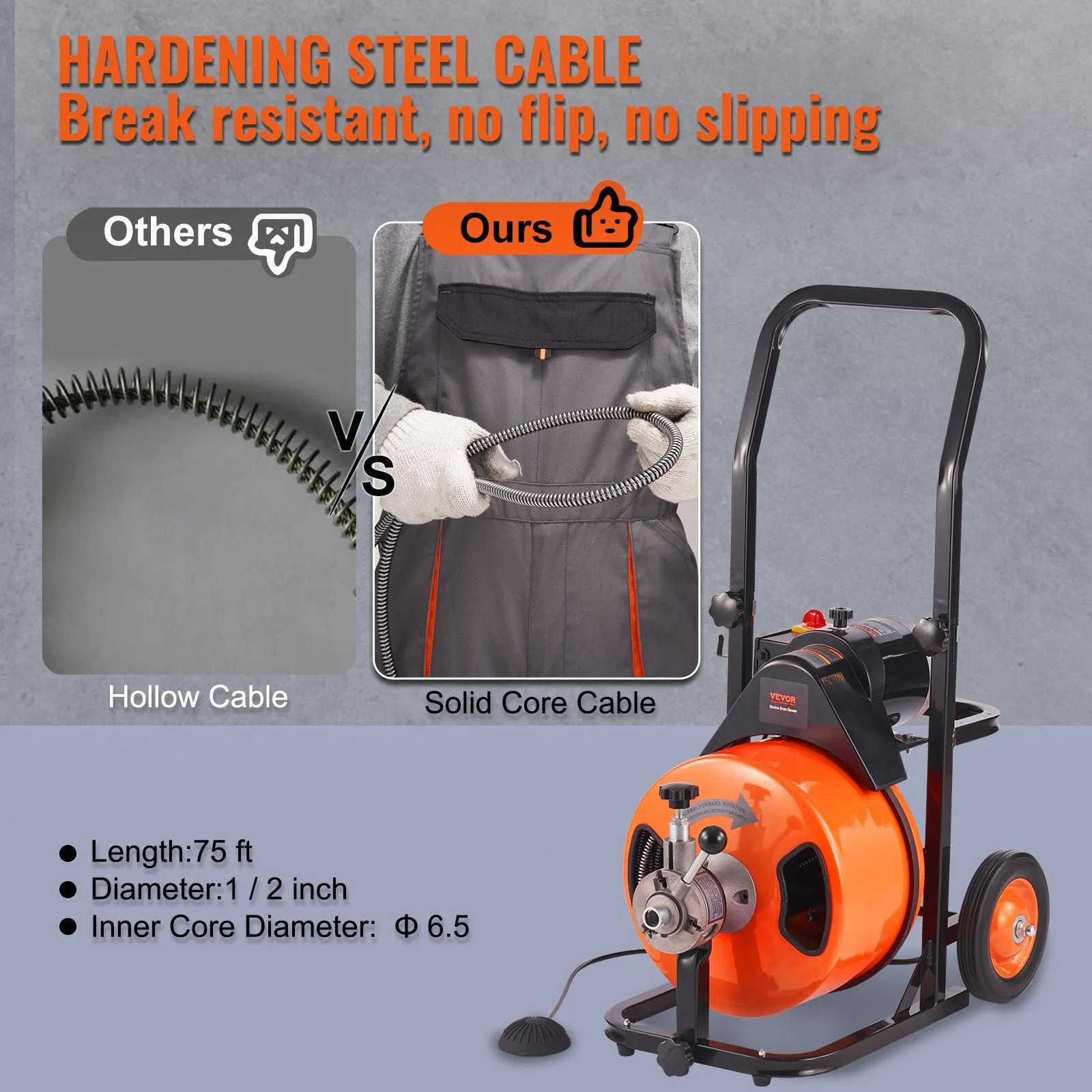 VEVOR Drain Cleaning Machine 75 FT x 1/2 Inch, Sewer Snake Machine Auto Feed, Drain Auger Cleaner with 4 Cutter & Air-Activated Foot Switch for 1" to 4" Pipes