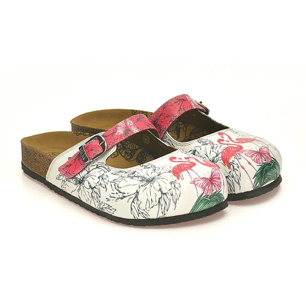 White & Pink Flamingo Clogs CAL806