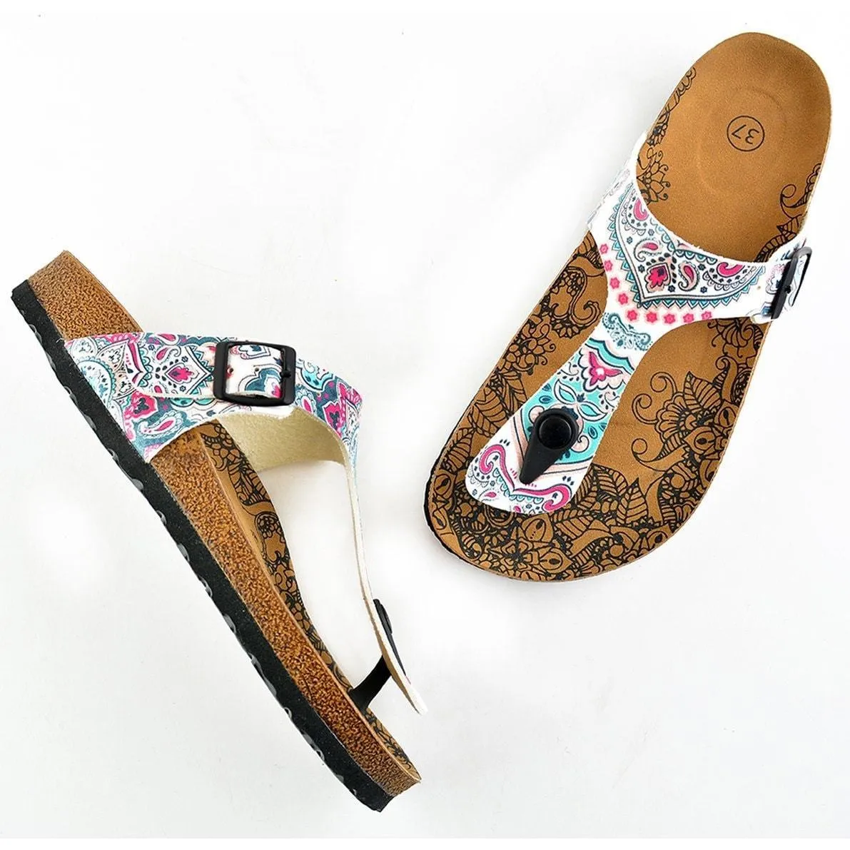 White & Pink Medallion T-Strap Sandal CAL504