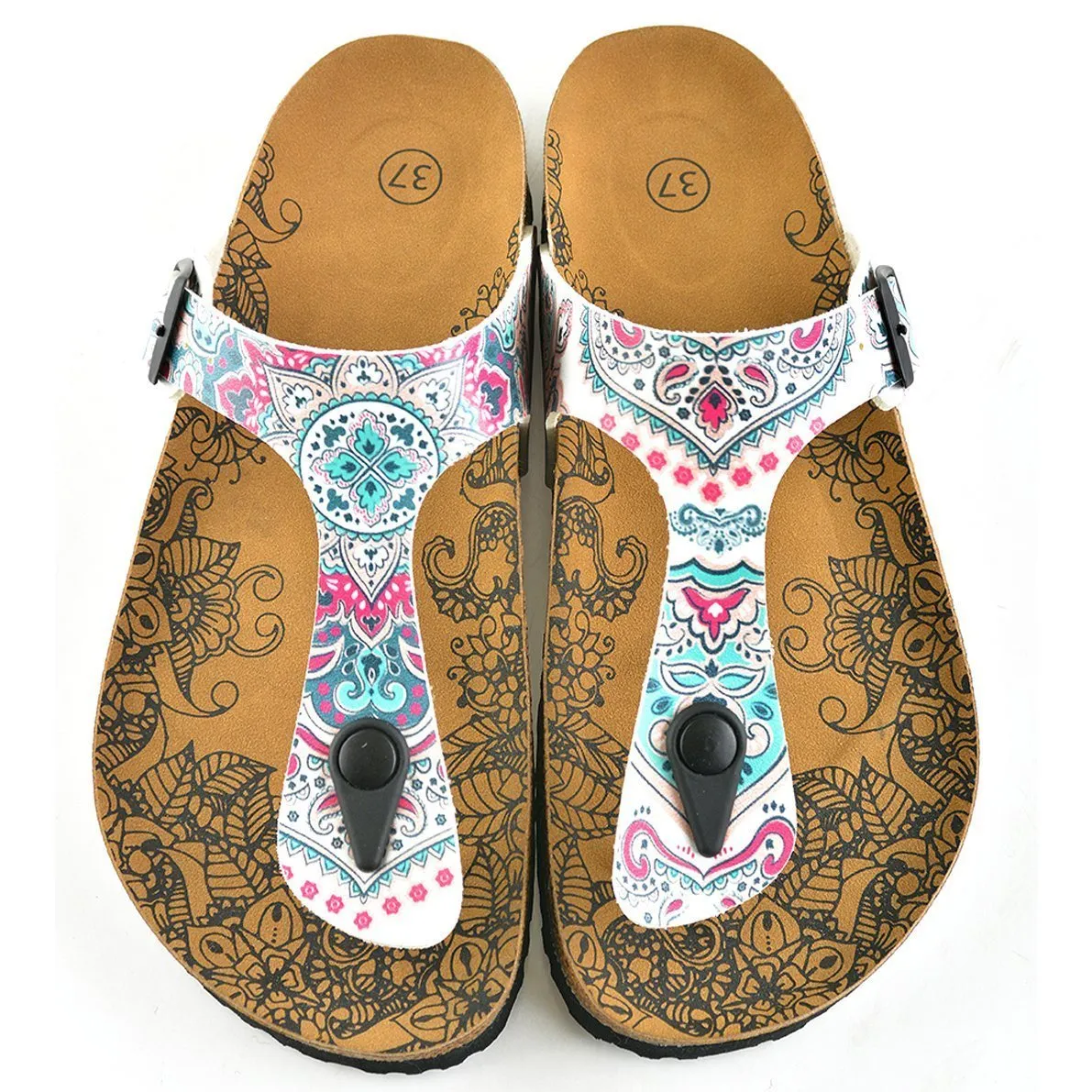White & Pink Medallion T-Strap Sandal CAL504