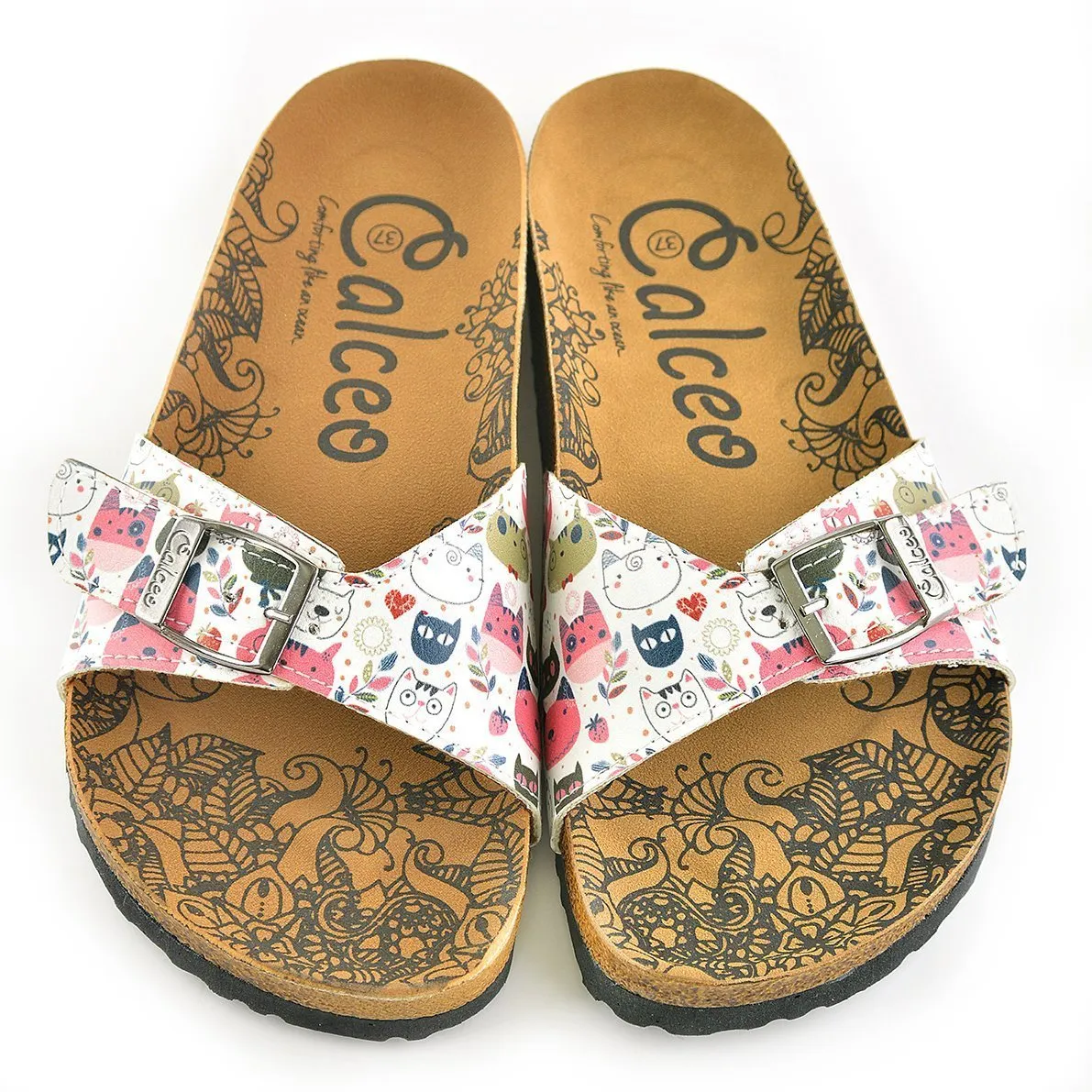 White & Red Cat Buckle-Accent Sandal CAL906