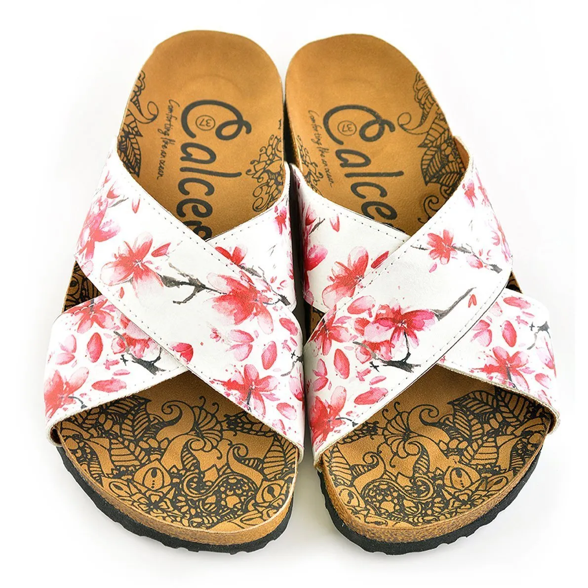 White & Red Floral Cross-Strap Sandal CAL1103