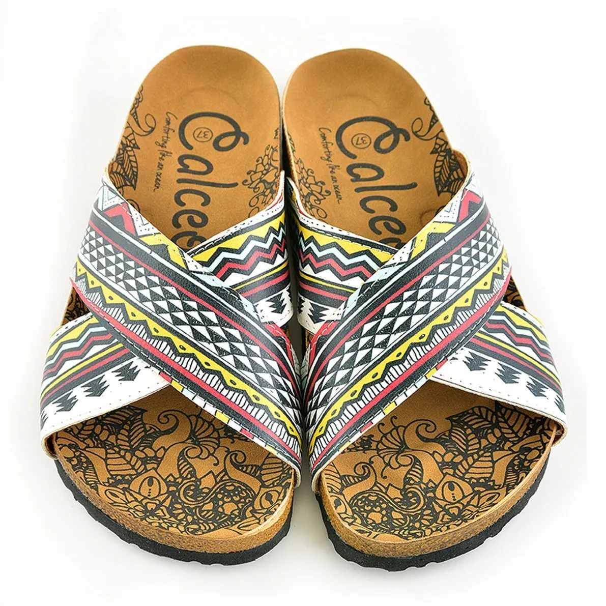 White & Red Geometric Cross-Strap Sandal CAL1106