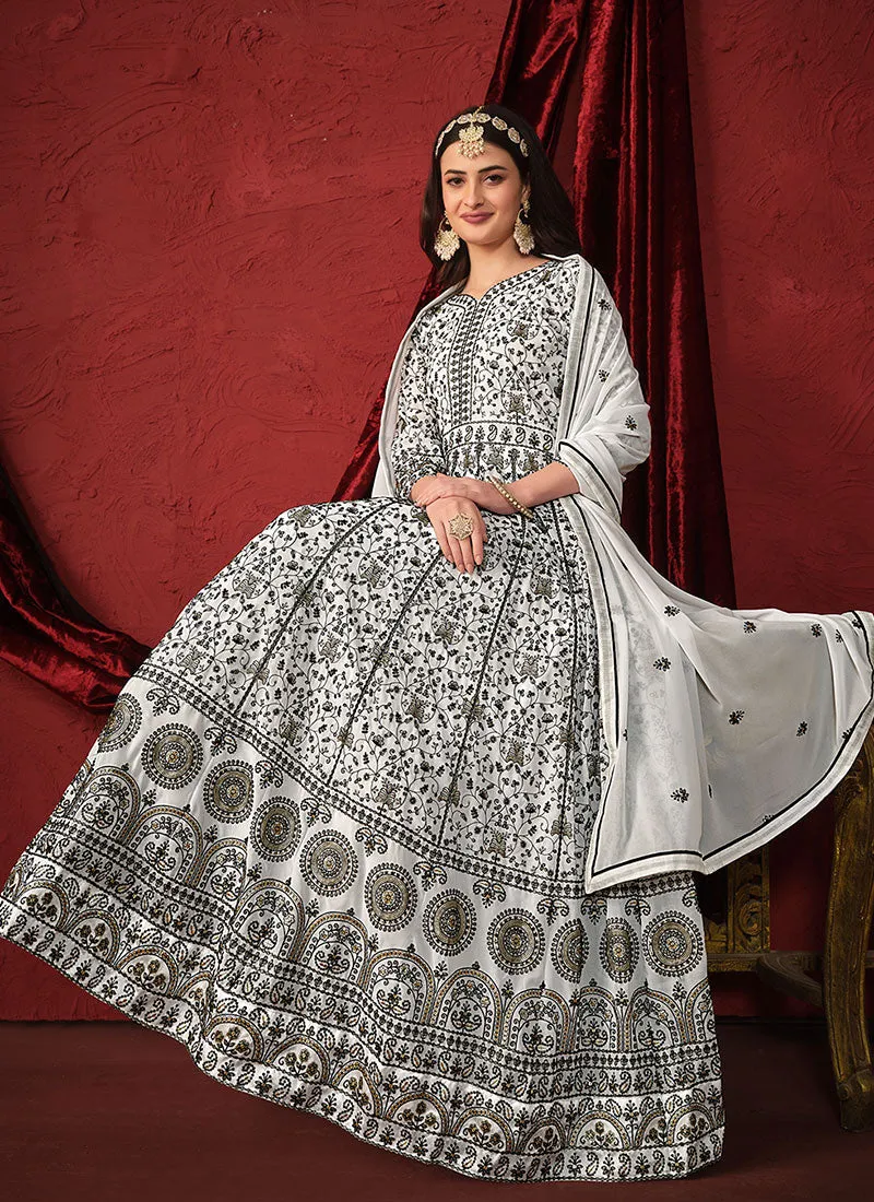 White Thread Embroidery Designer Anarkali Suit