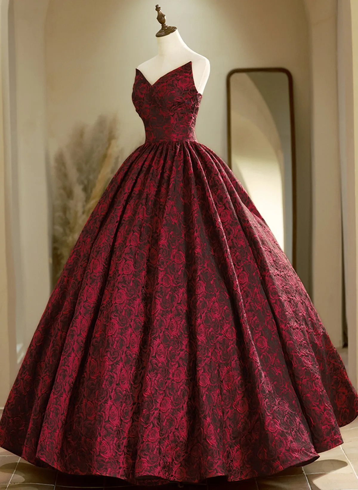 Wine Red Floral Lace V-neckline Long Evening Dress, Wine Red Prom Dress