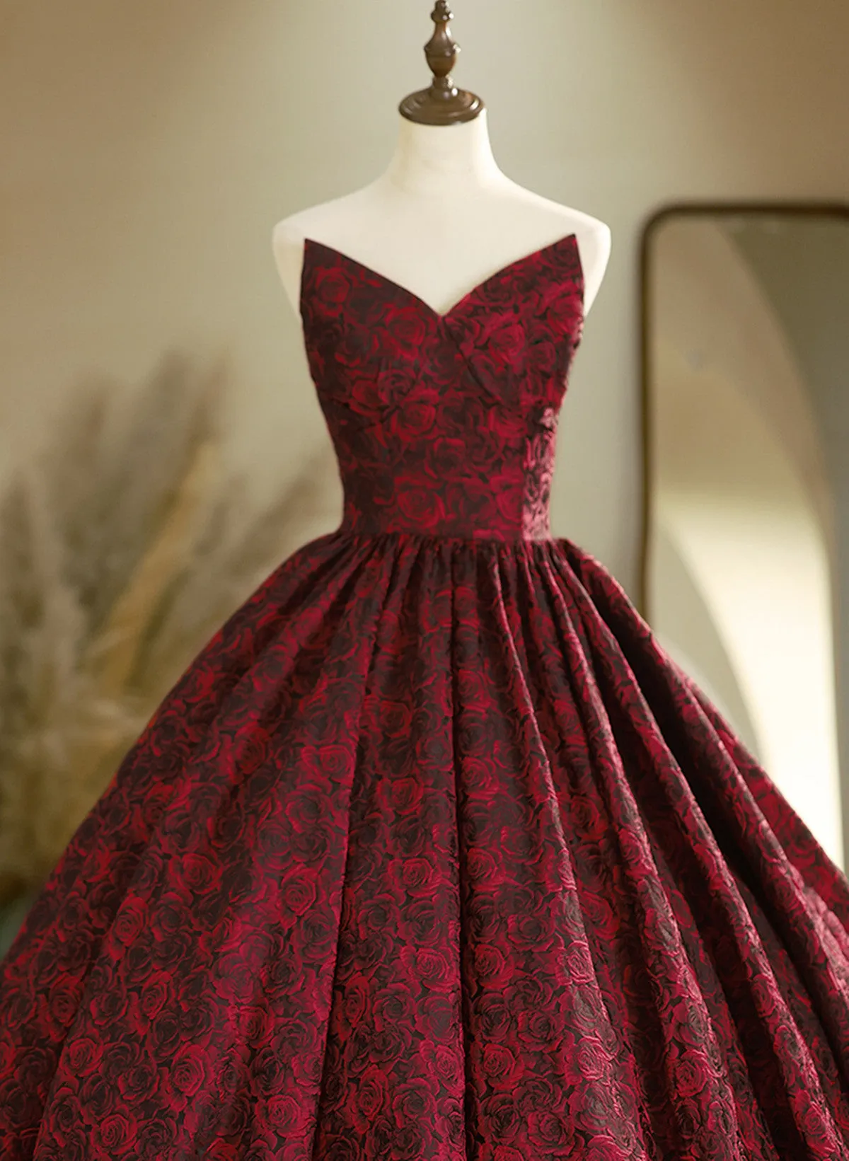 Wine Red Floral Lace V-neckline Long Evening Dress, Wine Red Prom Dress