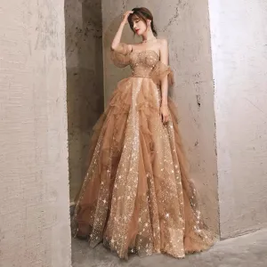 Wjczt Champagne Evening Dresses Strapless Off Shoulder Ruffle Beading  Sequins Empire Tulle A-Line Woman Formal Party Prom Gowns 2024