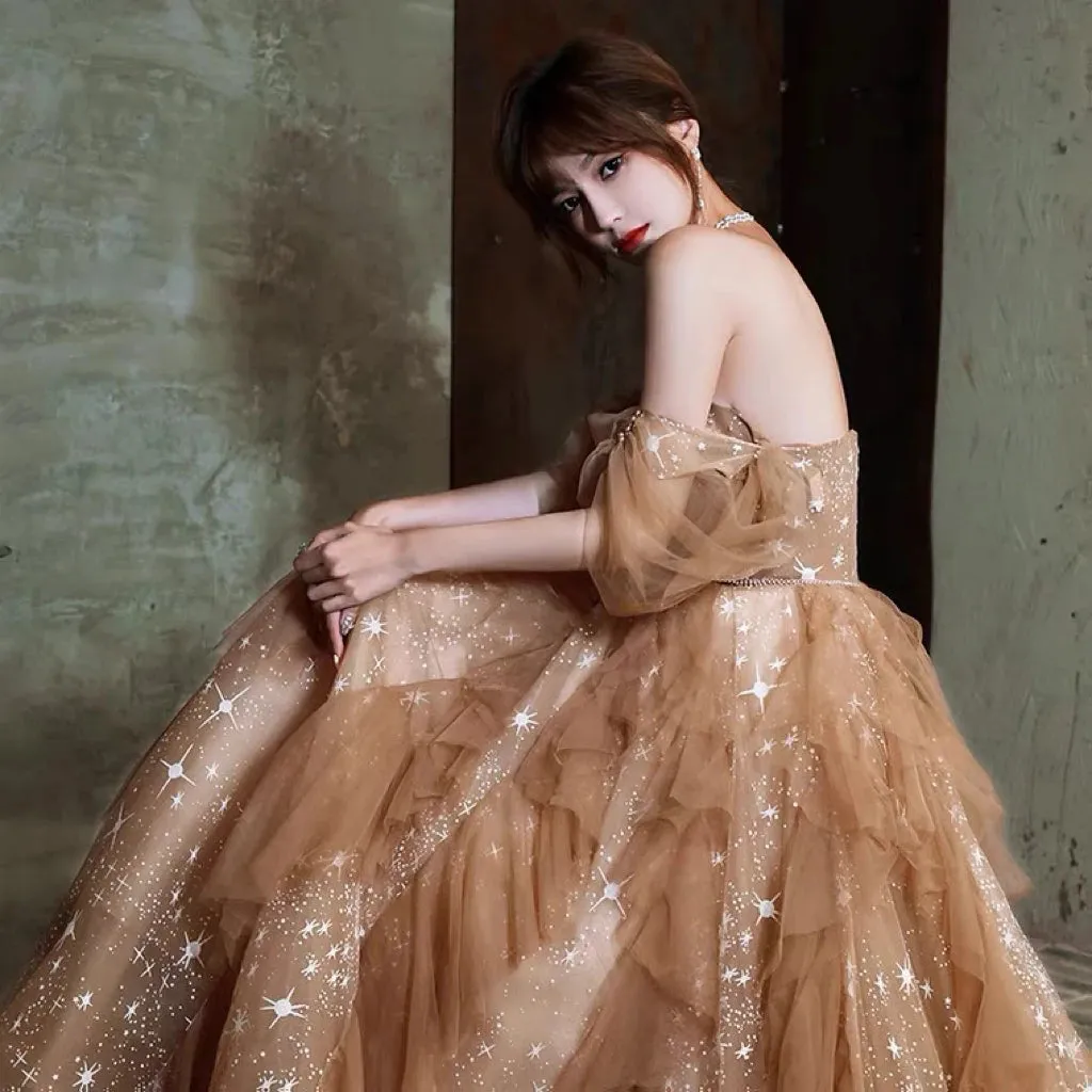 Wjczt Champagne Evening Dresses Strapless Off Shoulder Ruffle Beading  Sequins Empire Tulle A-Line Woman Formal Party Prom Gowns 2024