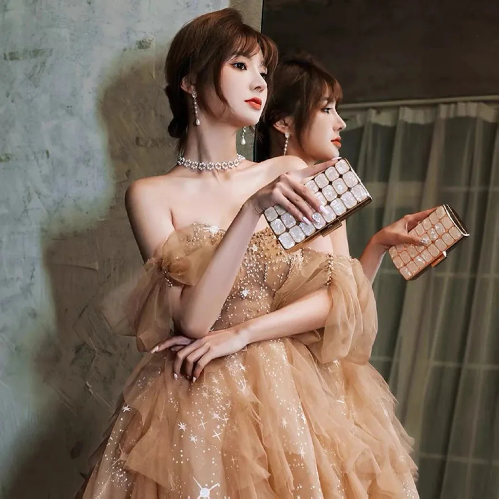 Wjczt Champagne Evening Dresses Strapless Off Shoulder Ruffle Beading  Sequins Empire Tulle A-Line Woman Formal Party Prom Gowns 2024