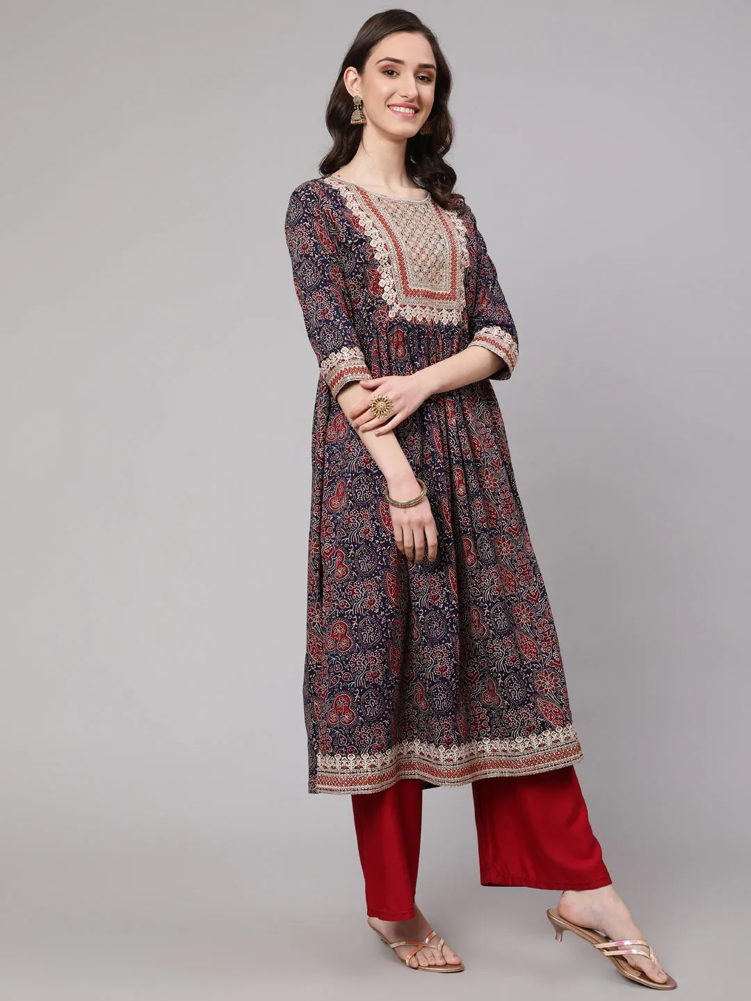 Women Navy Blue Cotton Blend Nyara Cut A-Line Kurta