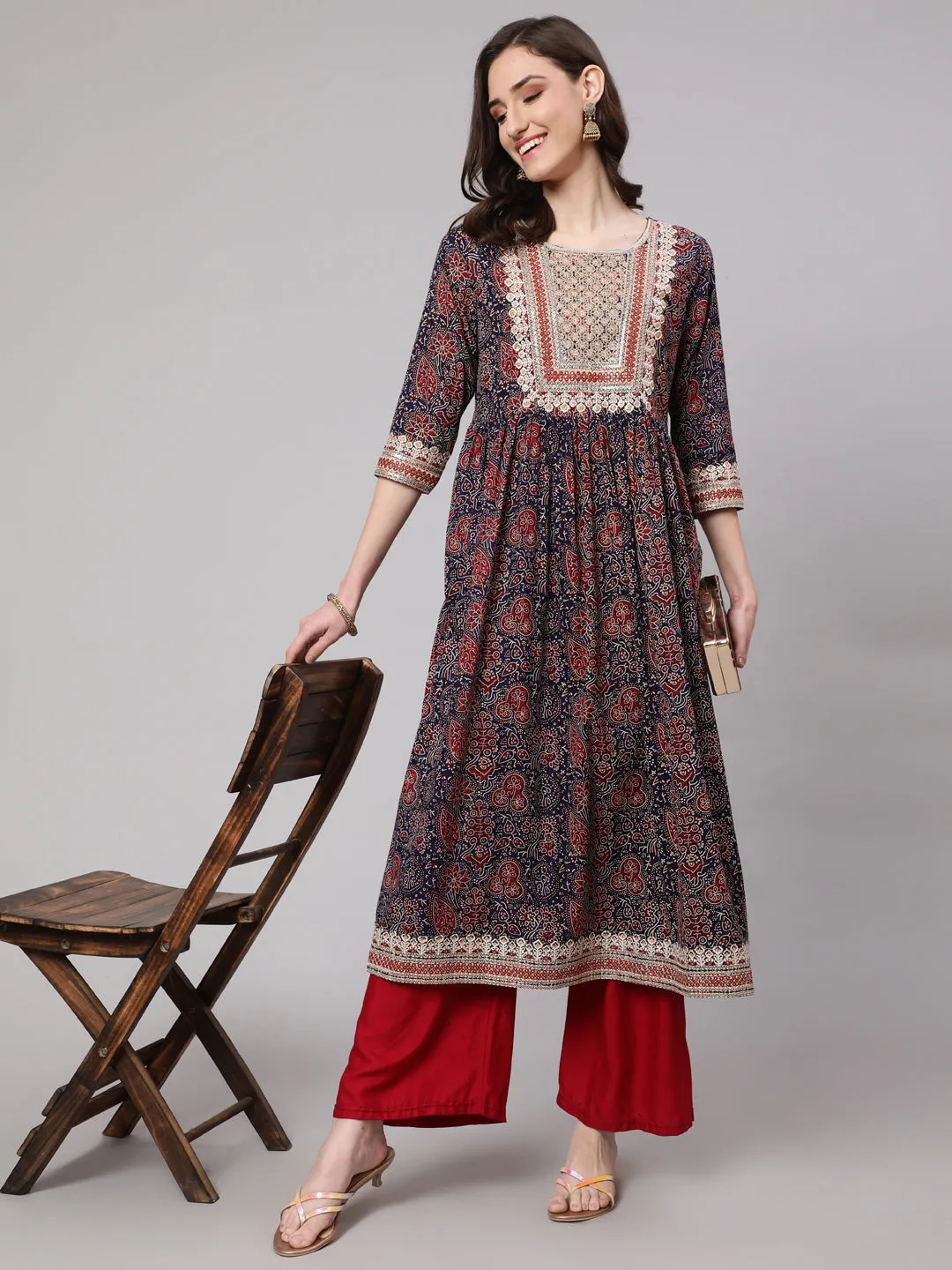 Women Navy Blue Cotton Blend Nyara Cut A-Line Kurta
