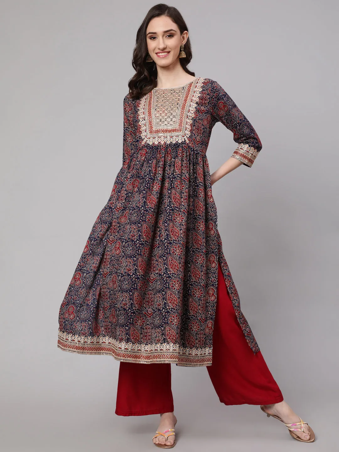 Women Navy Blue Cotton Blend Nyara Cut A-Line Kurta