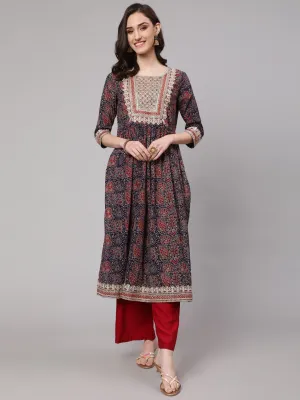 Women Navy Blue Cotton Blend Nyara Cut A-Line Kurta