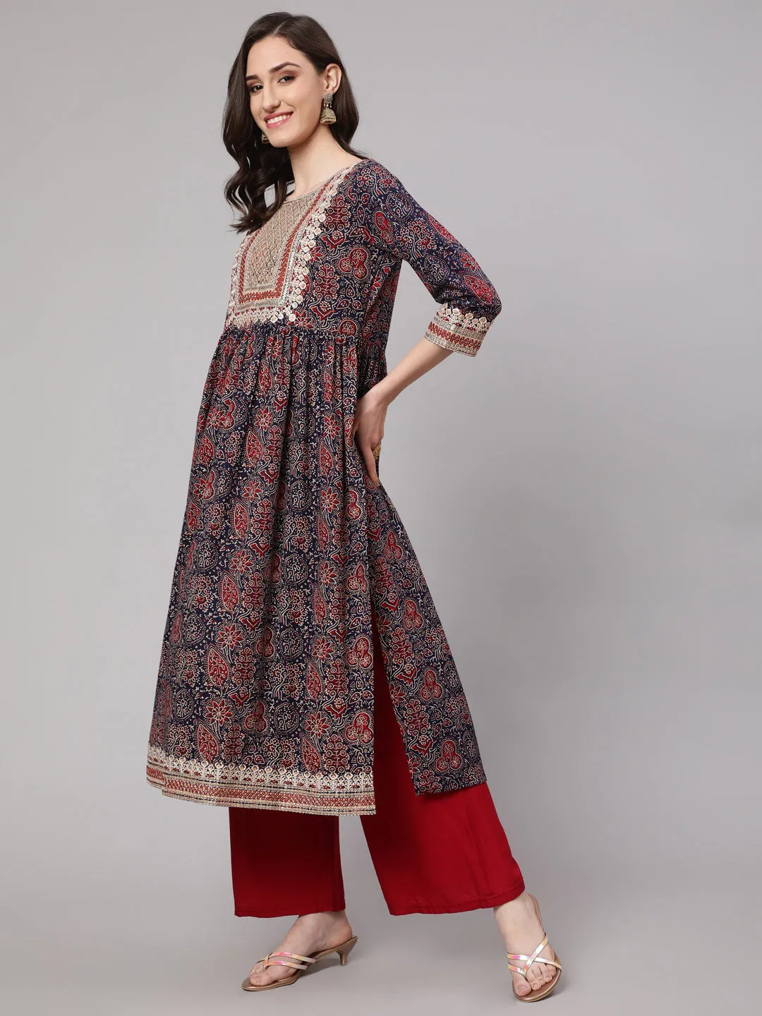 Women Navy Blue Cotton Blend Nyara Cut A-Line Kurta