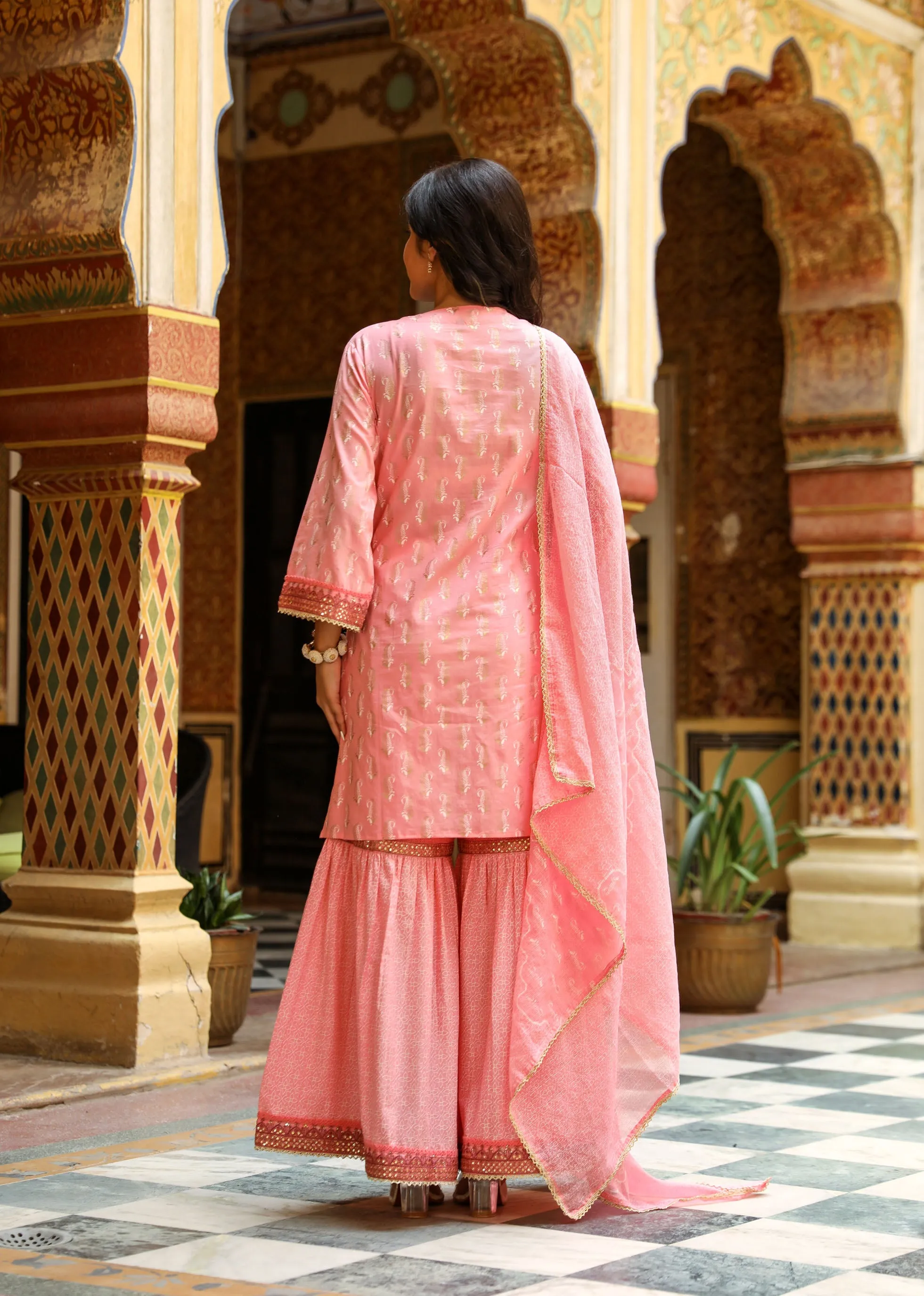 Women PInk Cotton Straight  Kurta Sharara Dupatta & Fancy Potli Set
