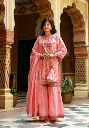 Women PInk Cotton Straight  Kurta Sharara Dupatta & Fancy Potli Set