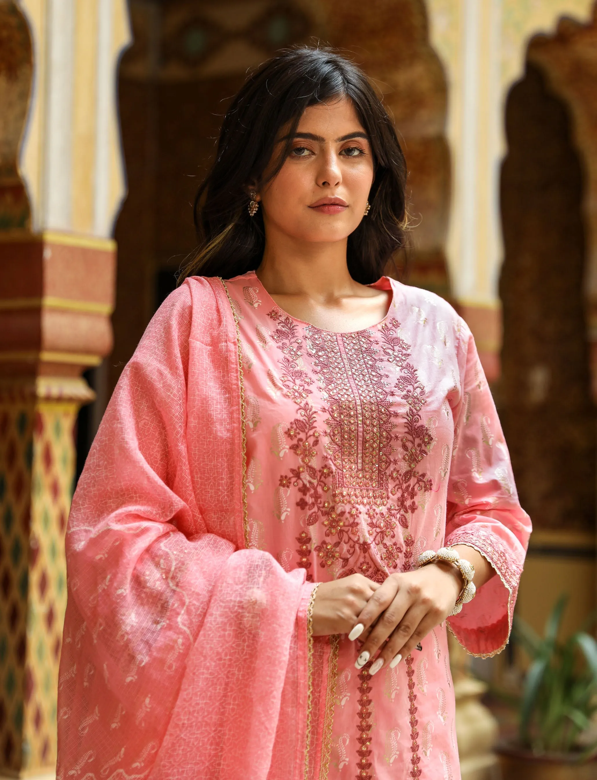 Women PInk Cotton Straight  Kurta Sharara Dupatta & Fancy Potli Set