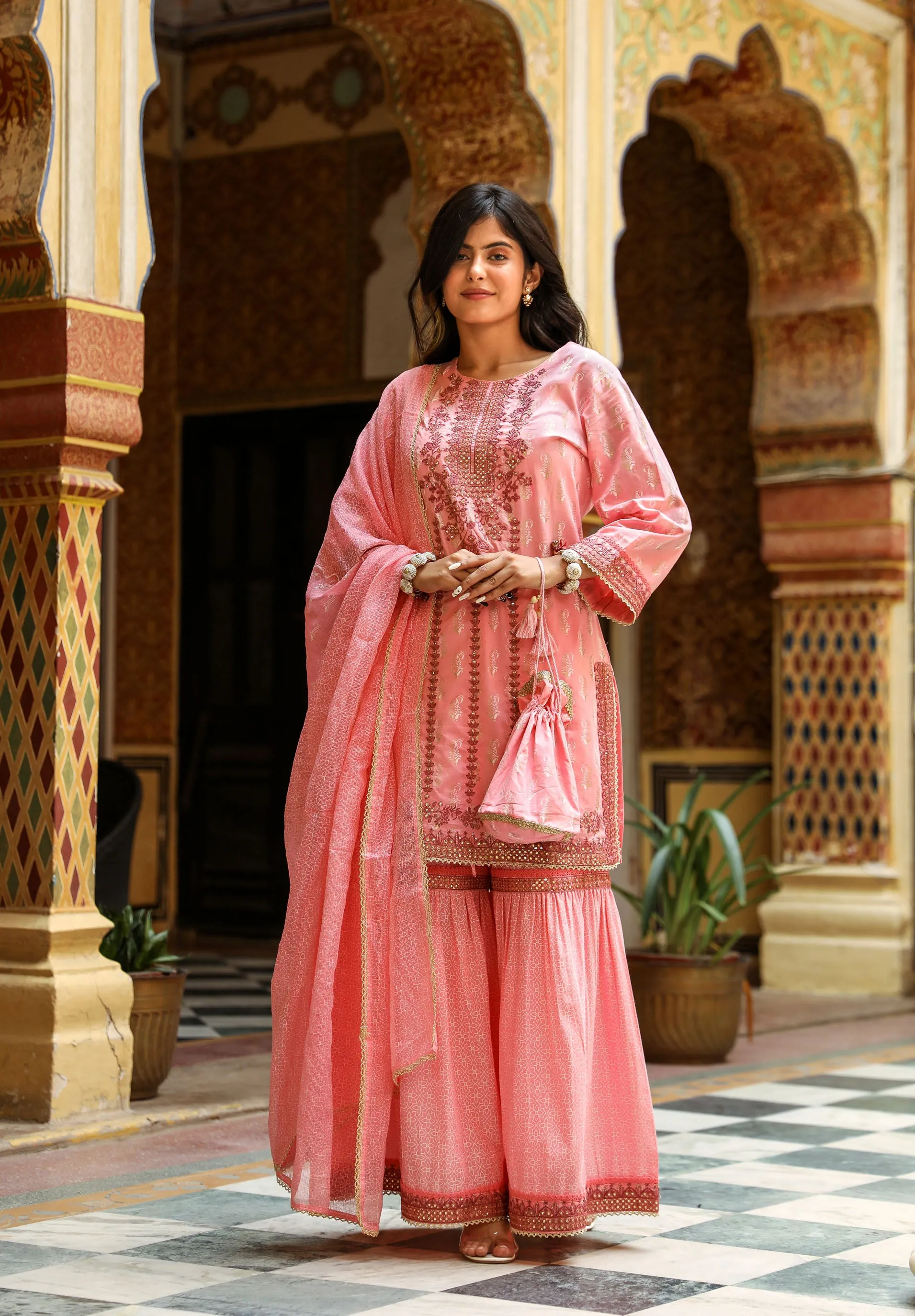 Women PInk Cotton Straight  Kurta Sharara Dupatta & Fancy Potli Set