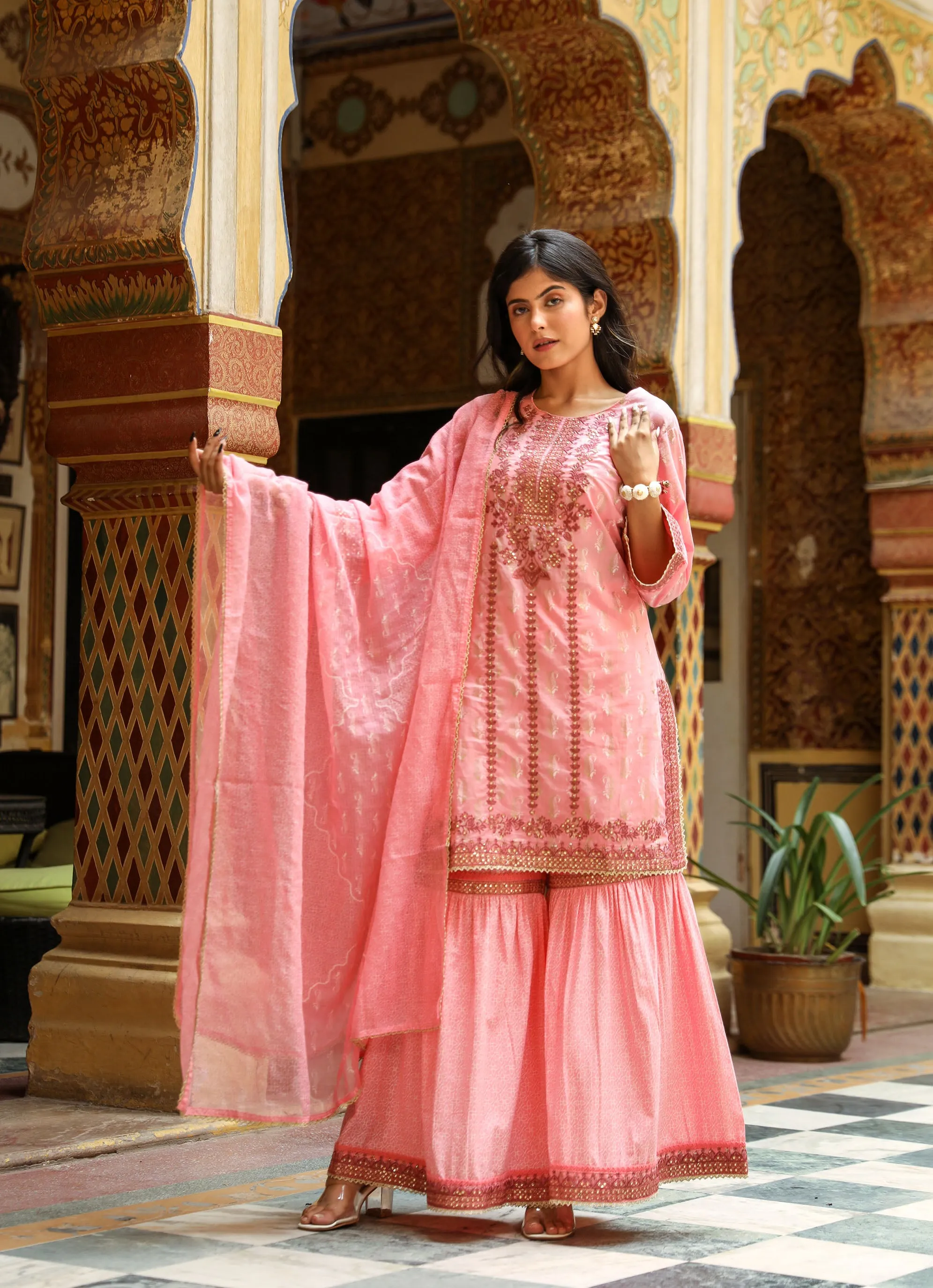 Women PInk Cotton Straight  Kurta Sharara Dupatta & Fancy Potli Set