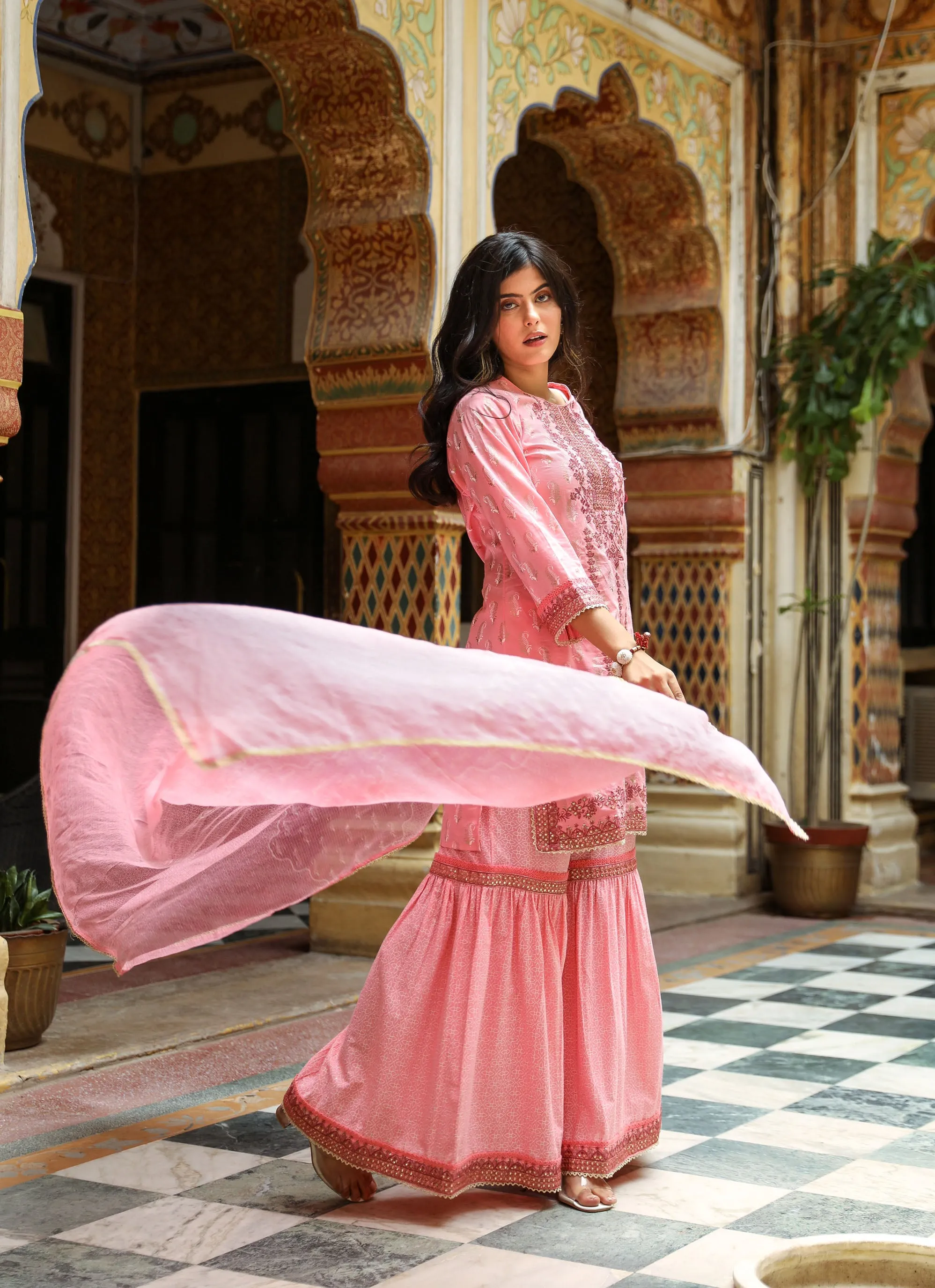 Women PInk Cotton Straight  Kurta Sharara Dupatta & Fancy Potli Set